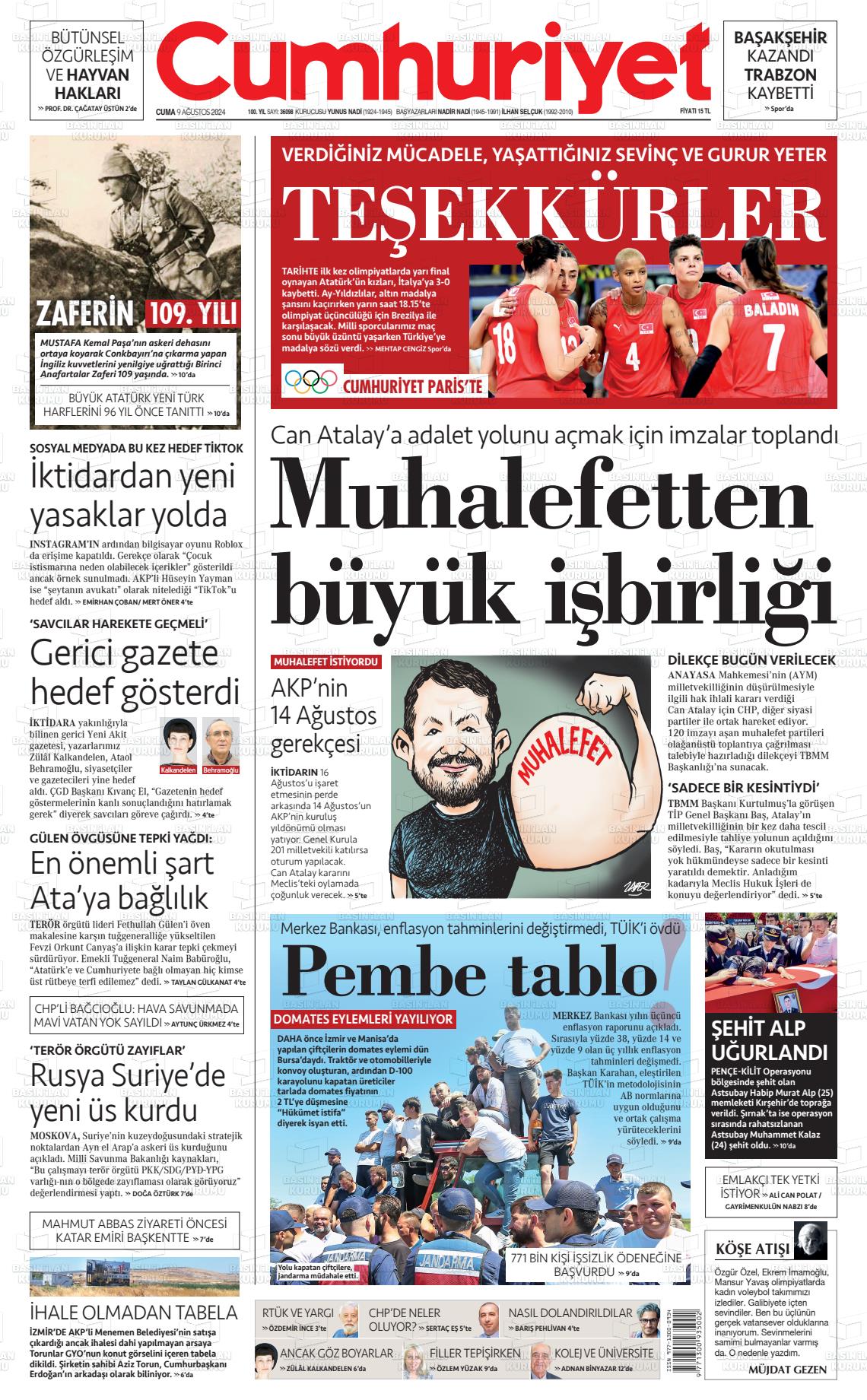 09 Ağustos 2024 Cumhuriyet Gazete Manşeti