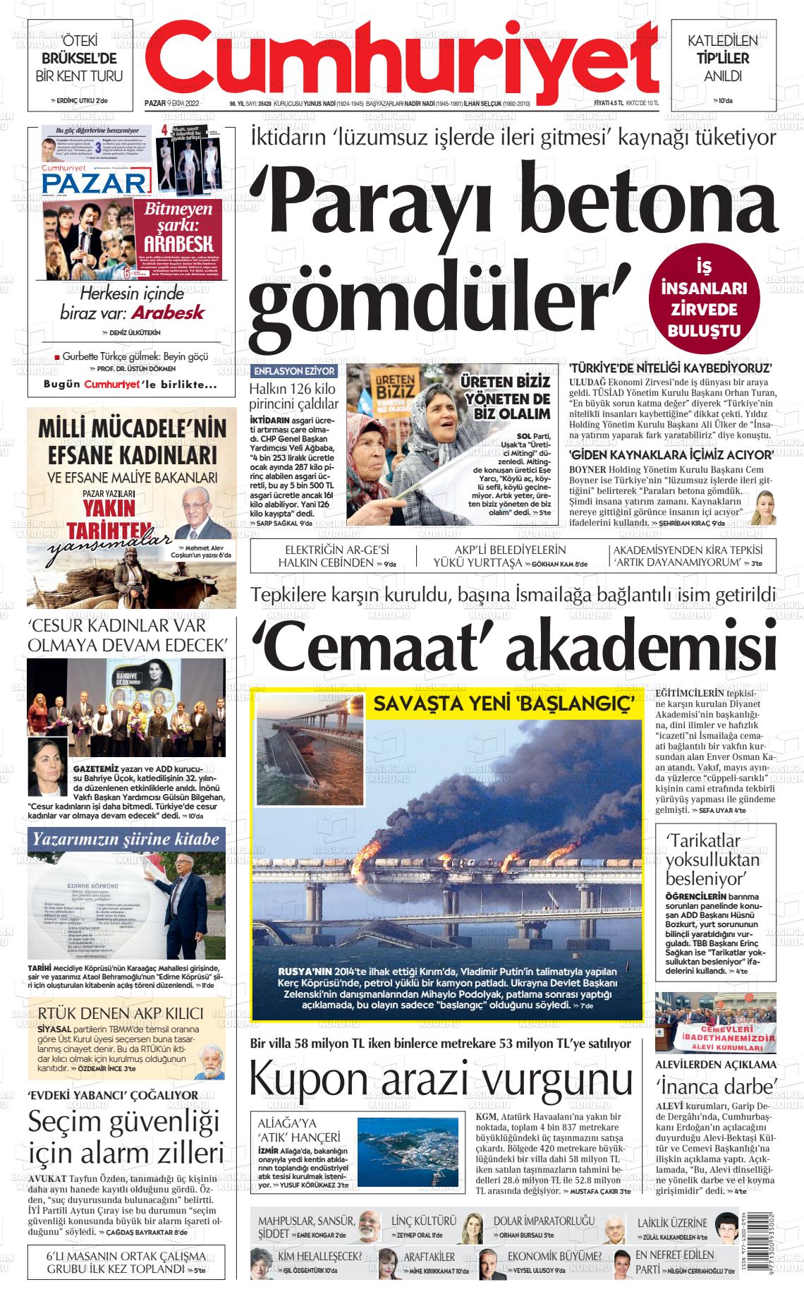 09 Ekim 2022 Cumhuriyet Gazete Manşeti