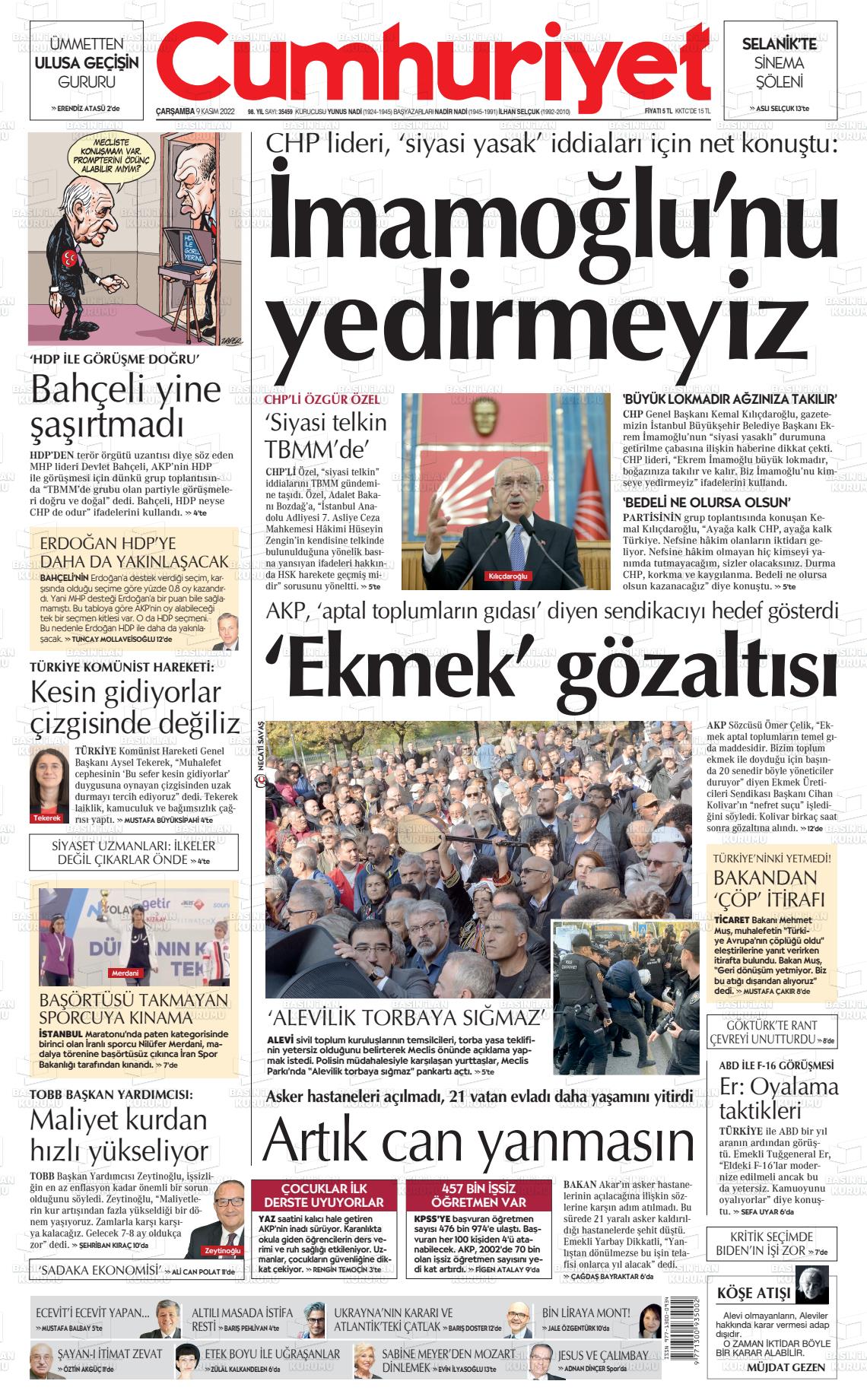 09 Kasım 2022 Cumhuriyet Gazete Manşeti