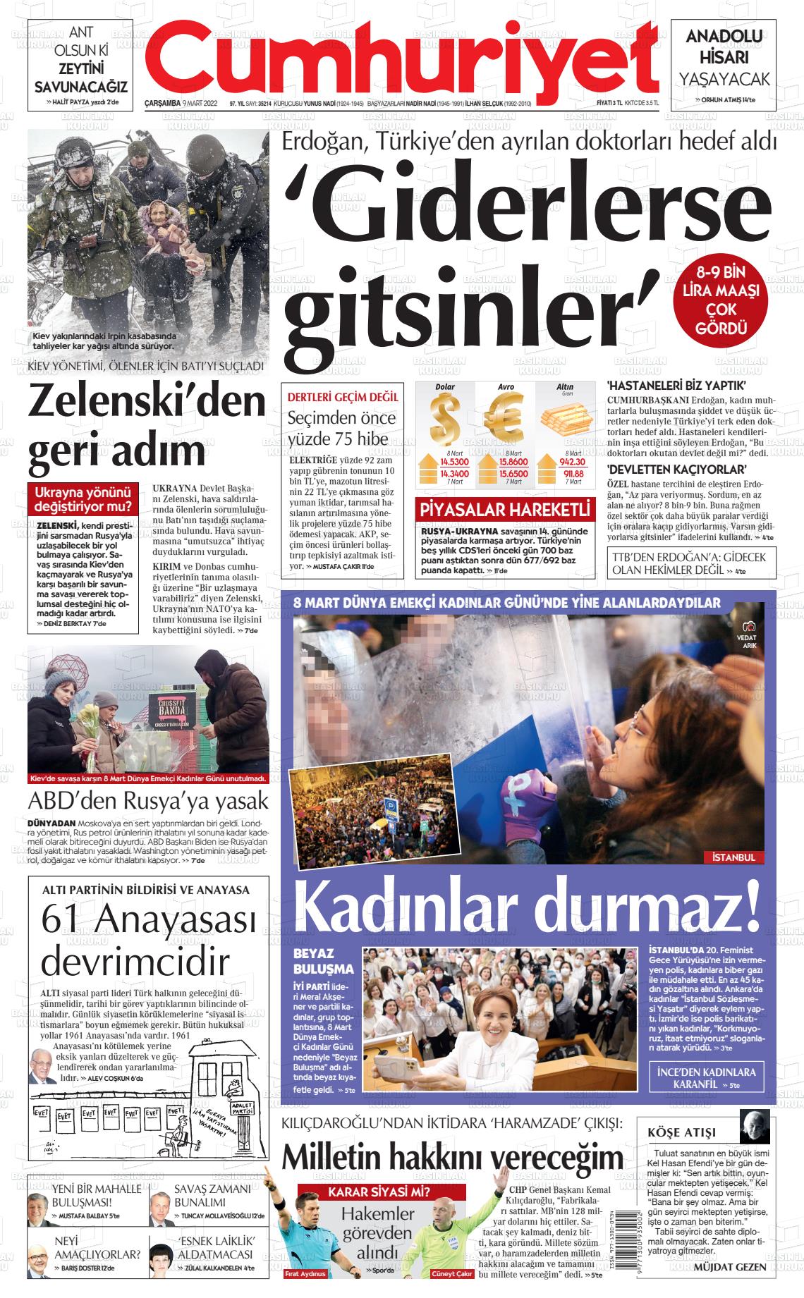 09 Mart 2022 Cumhuriyet Gazete Manşeti