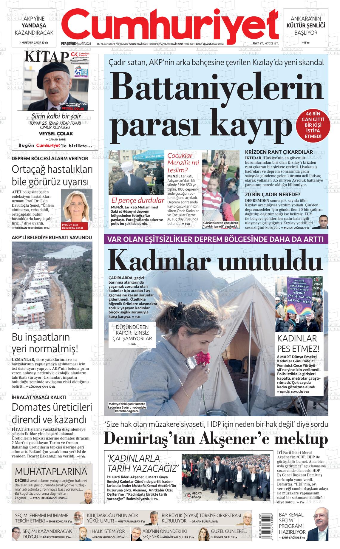 09 Mart 2023 Cumhuriyet Gazete Manşeti