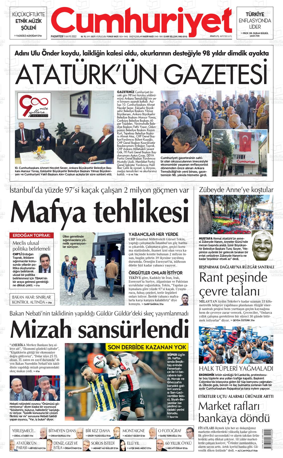 09 Mayıs 2022 Cumhuriyet Gazete Manşeti