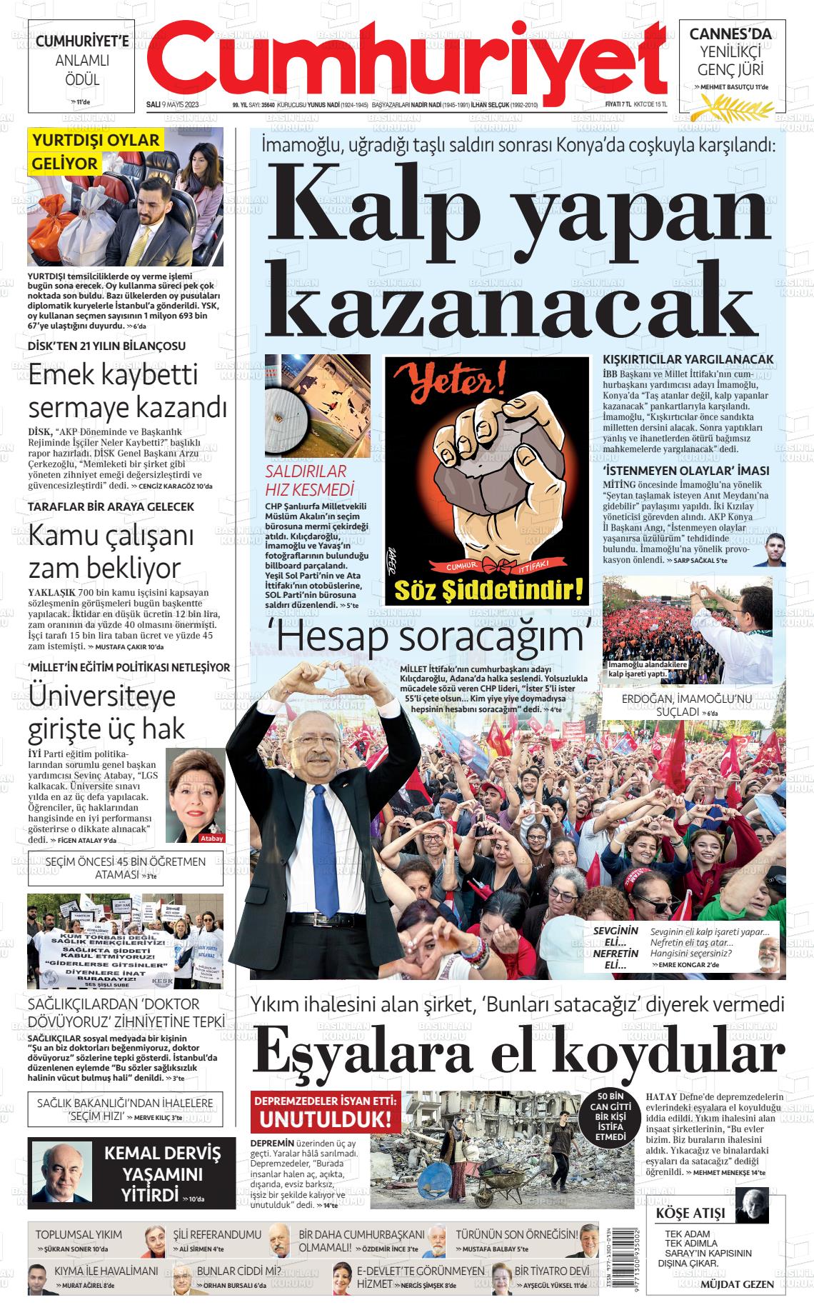 09 Mayıs 2023 Cumhuriyet Gazete Manşeti