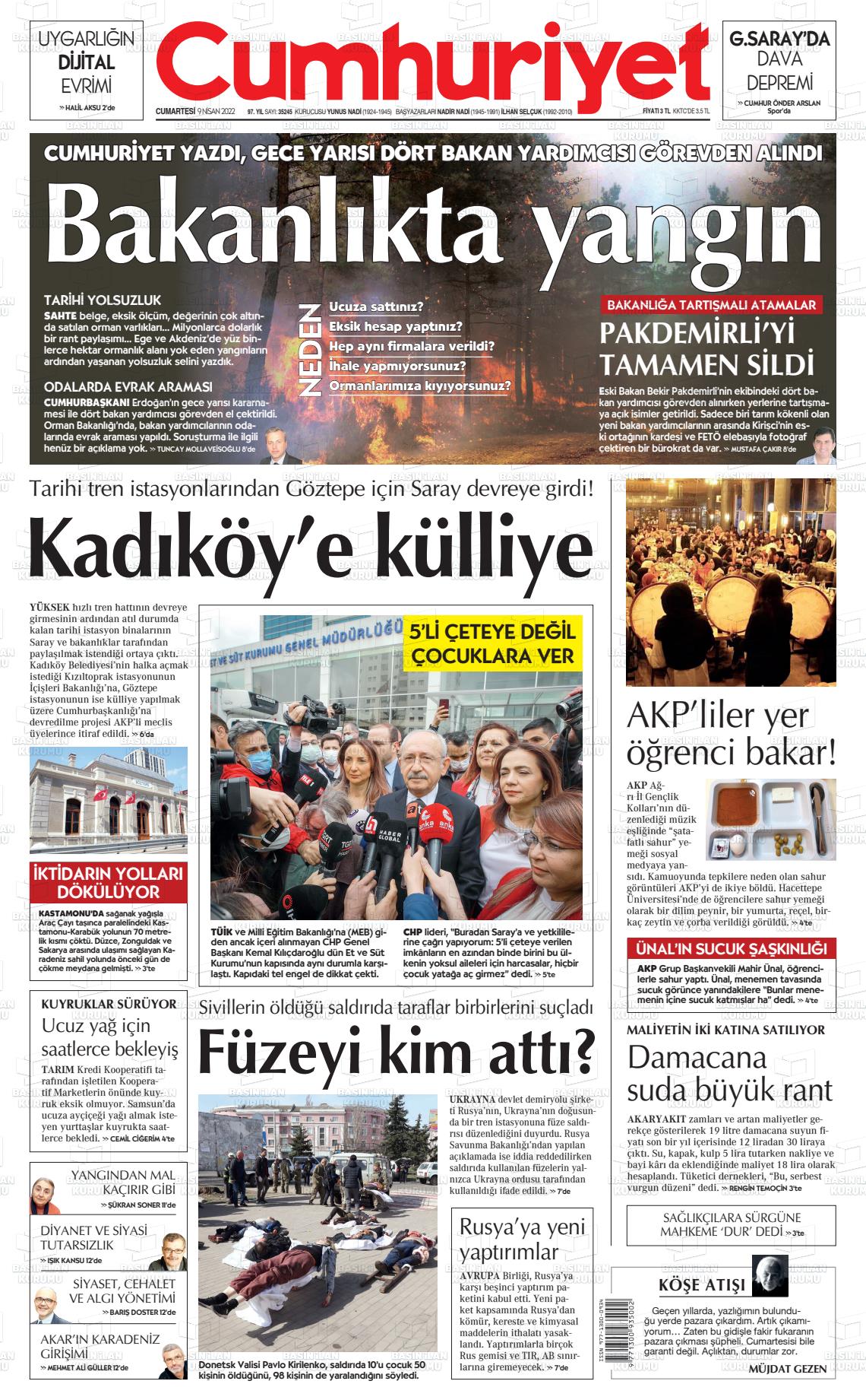 09 Nisan 2022 Cumhuriyet Gazete Manşeti