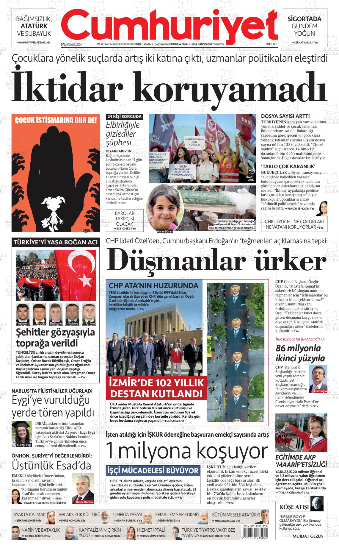 10 Eylül 2024 Cumhuriyet Gazete Manşeti