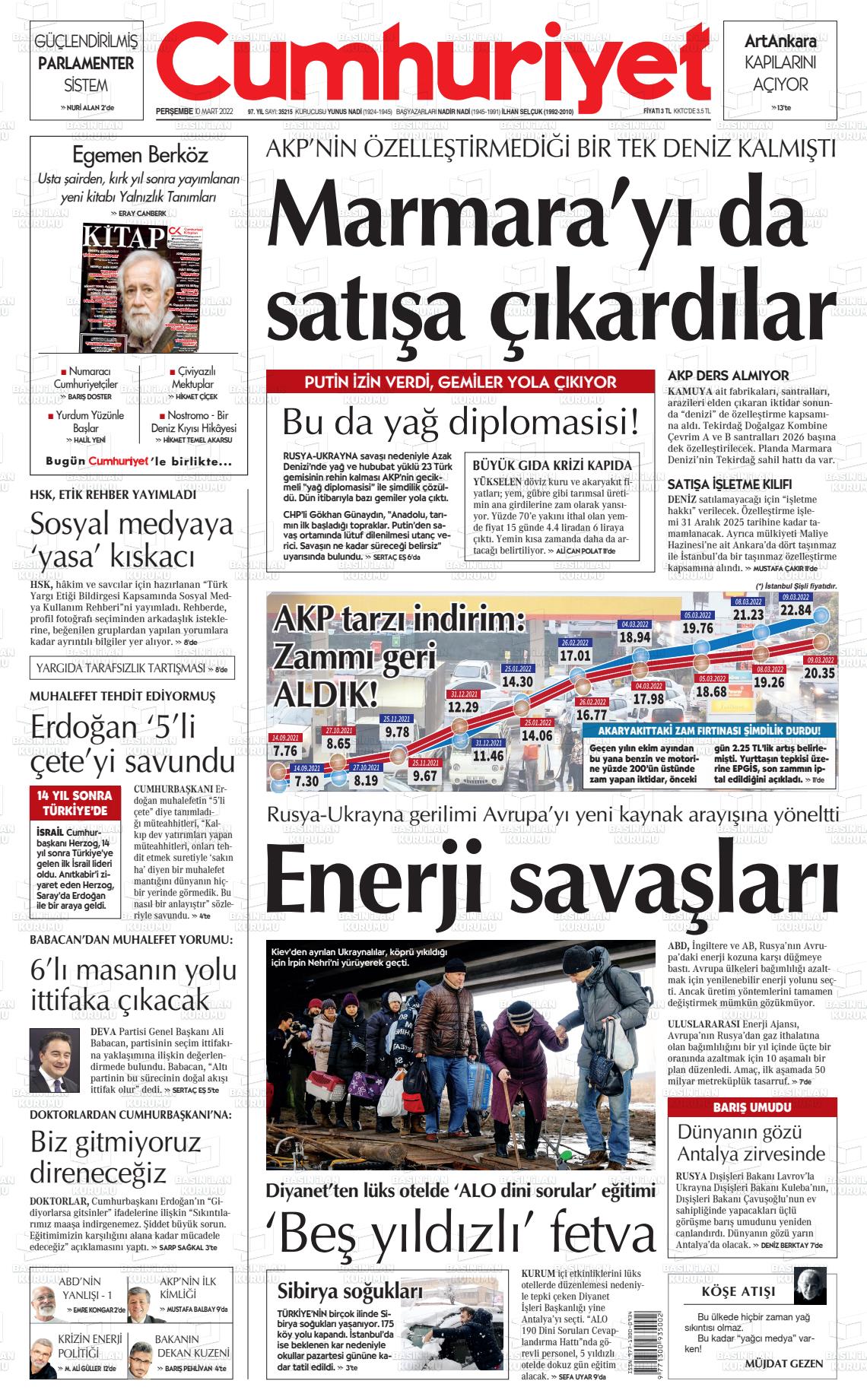 10 Mart 2022 Cumhuriyet Gazete Manşeti