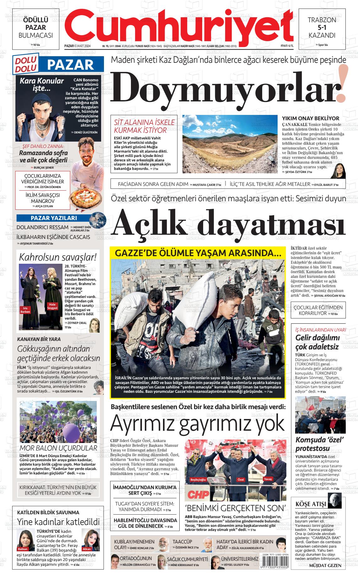 10 Mart 2024 Cumhuriyet Gazete Manşeti