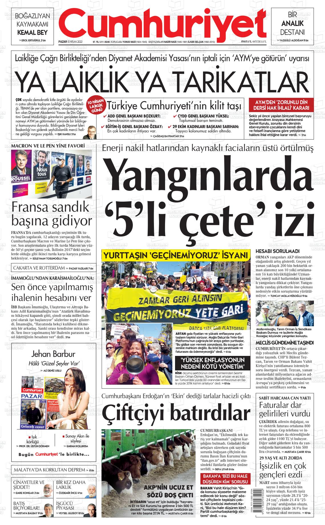 10 Nisan 2022 Cumhuriyet Gazete Manşeti