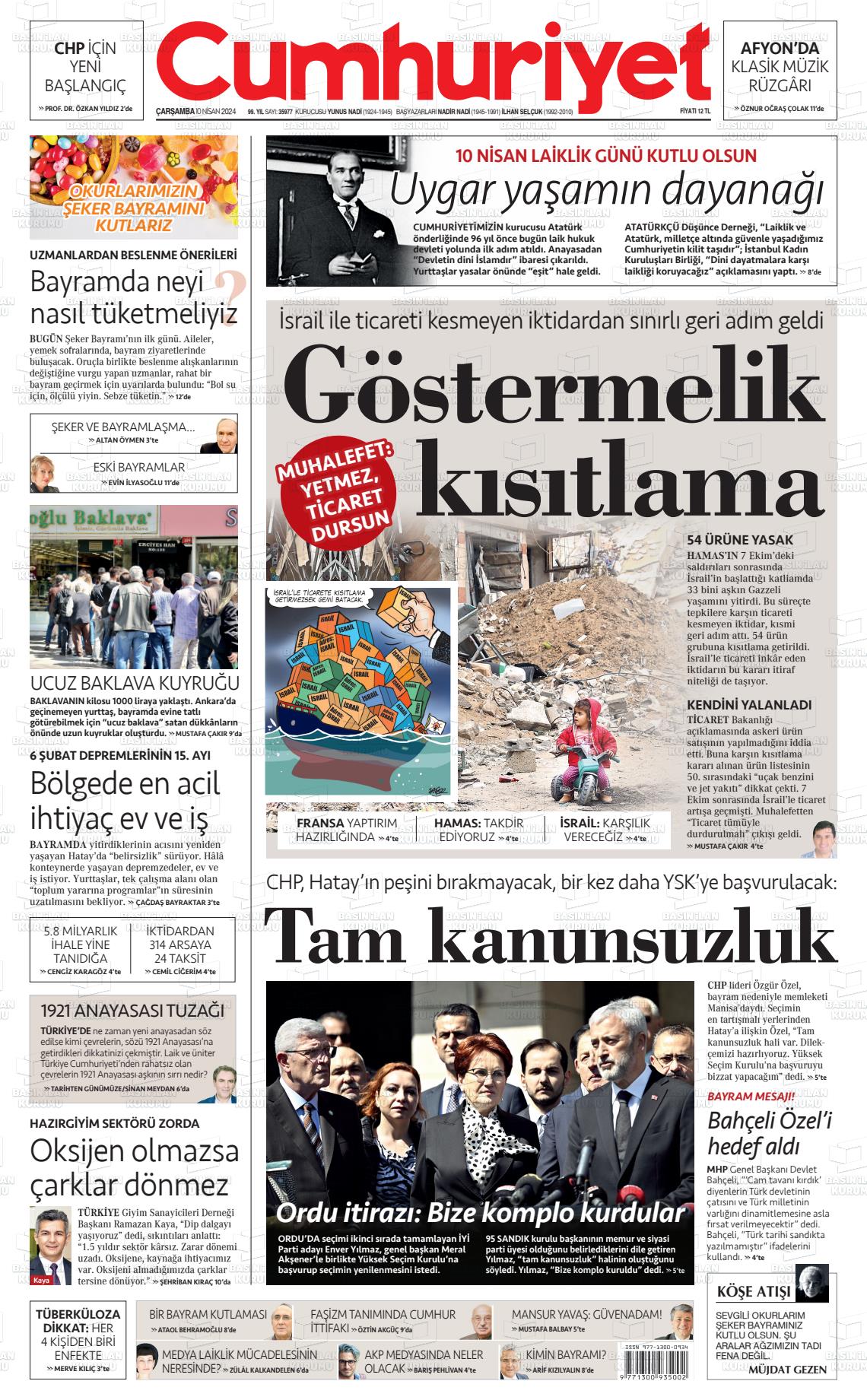 10 Nisan 2024 Cumhuriyet Gazete Manşeti