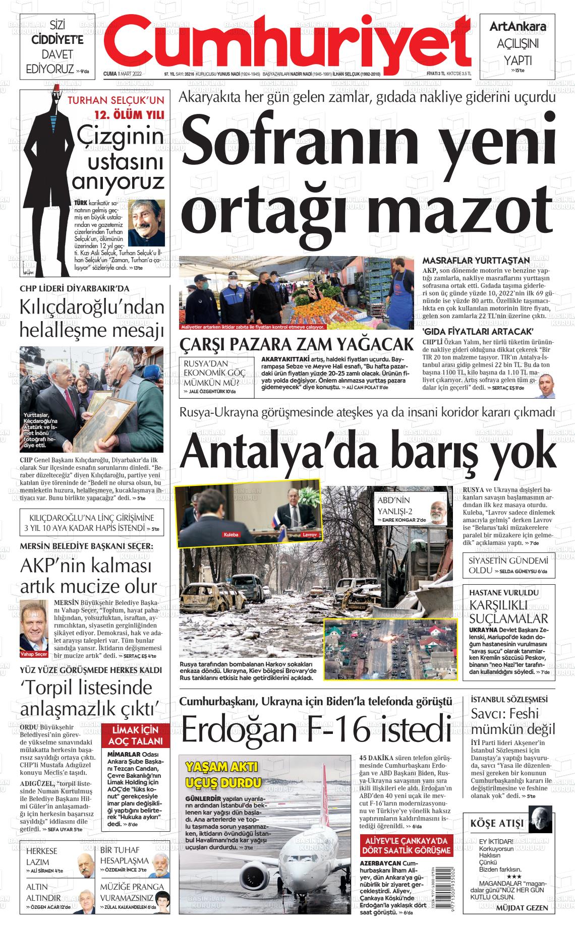 11 Mart 2022 Cumhuriyet Gazete Manşeti