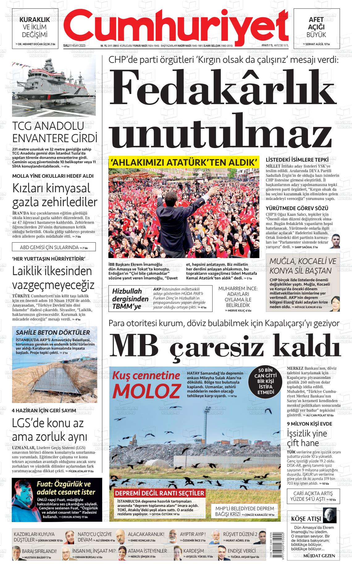 11 Nisan 2023 Cumhuriyet Gazete Manşeti