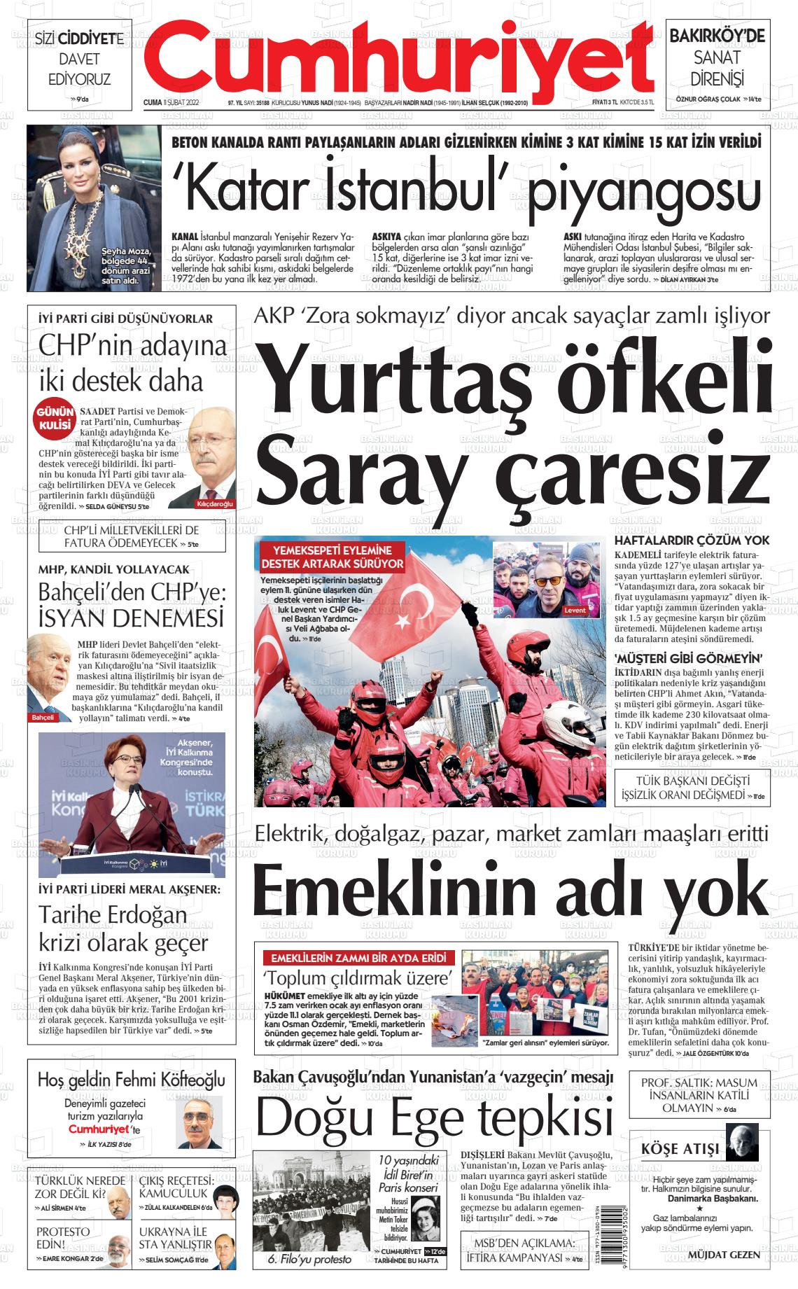 11 Şubat 2022 Cumhuriyet Gazete Manşeti