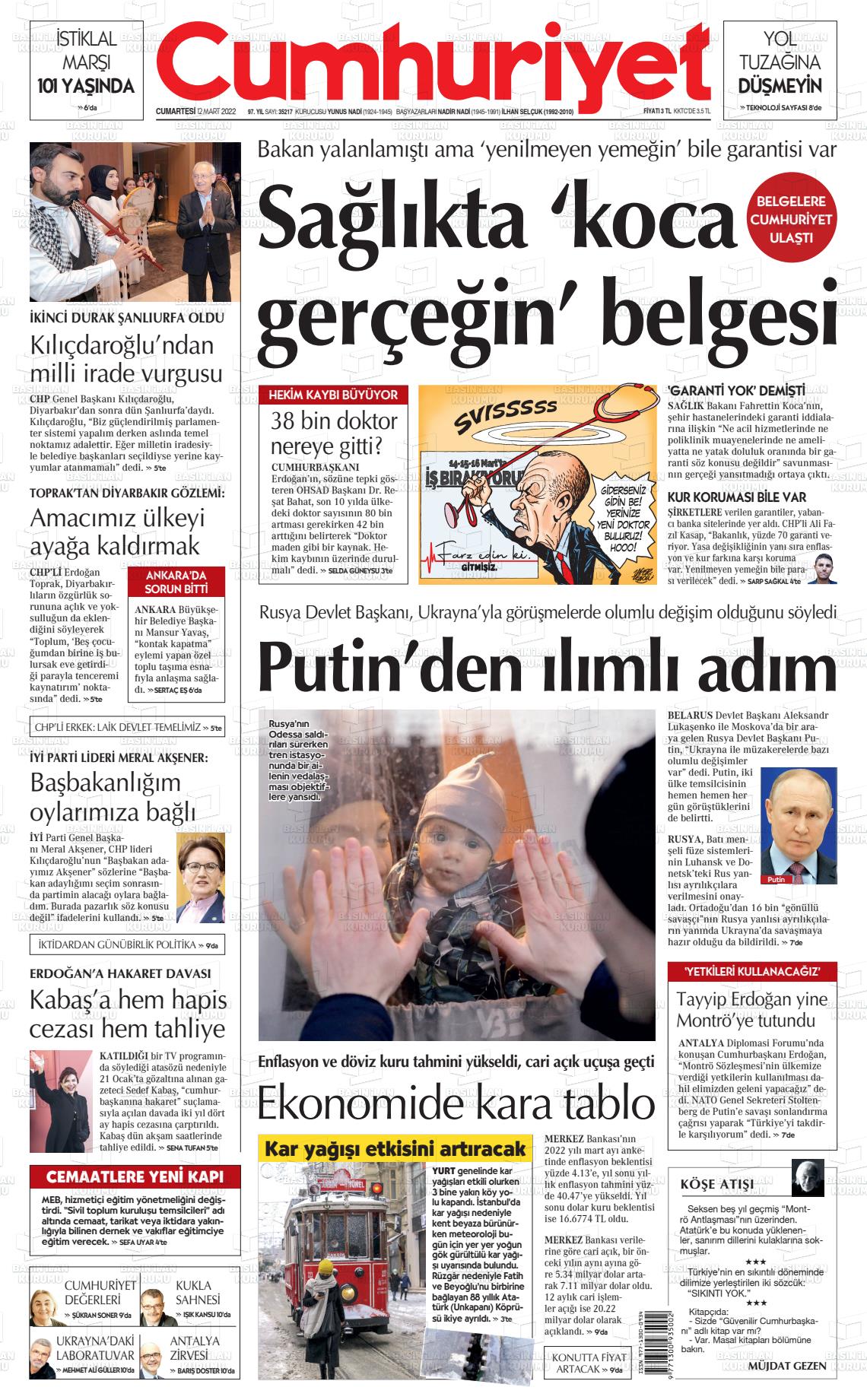 12 Mart 2022 Cumhuriyet Gazete Manşeti