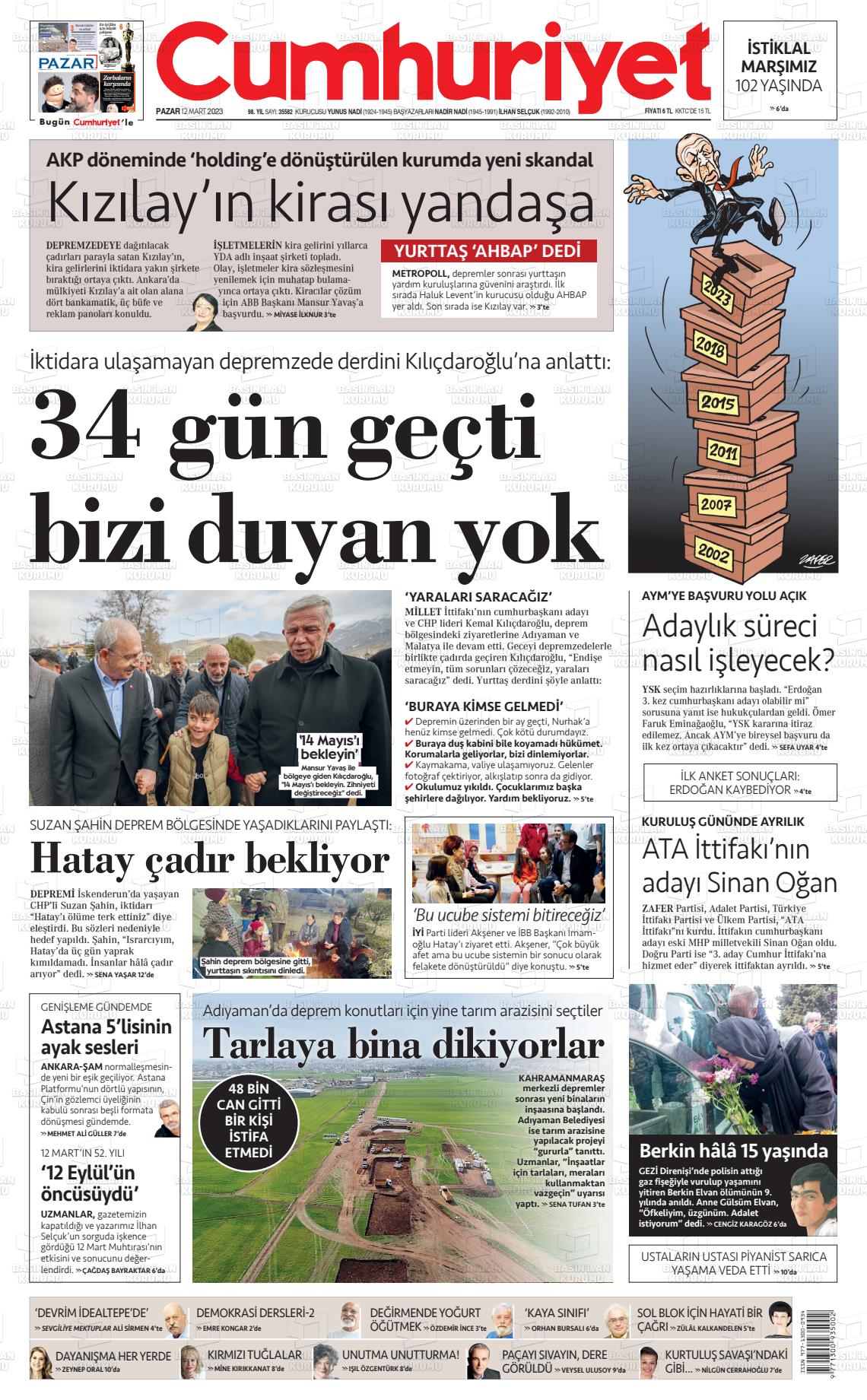 12 Mart 2023 Cumhuriyet Gazete Manşeti