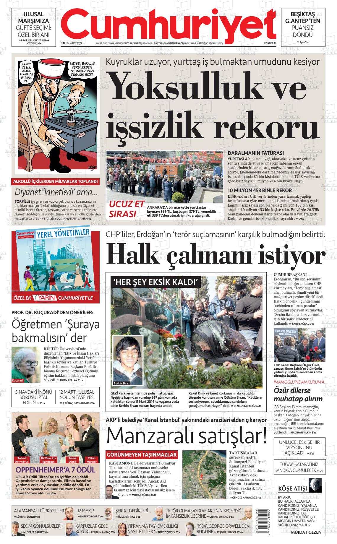 12 Mart 2024 Cumhuriyet Gazete Manşeti