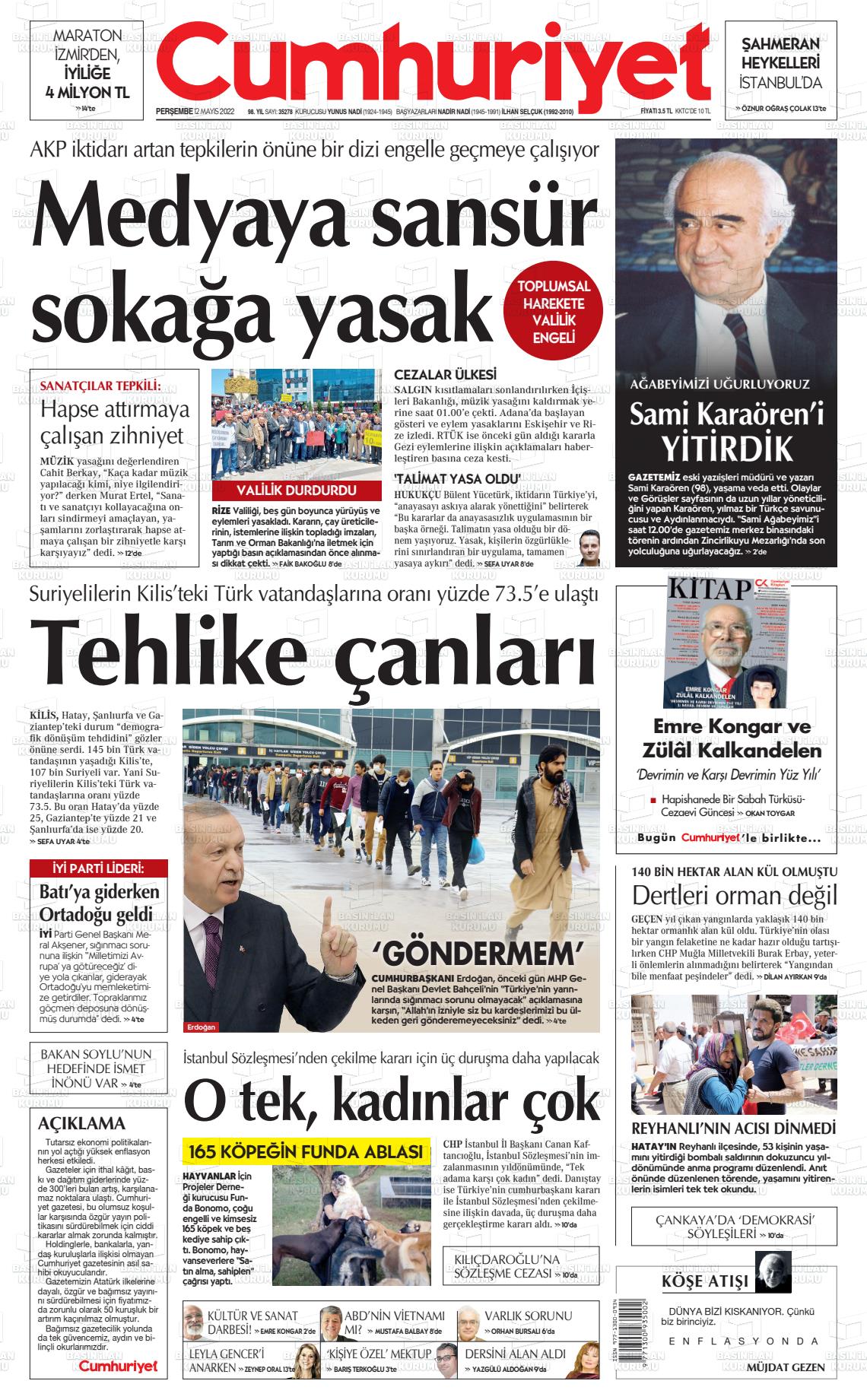 12 Mayıs 2022 Cumhuriyet Gazete Manşeti