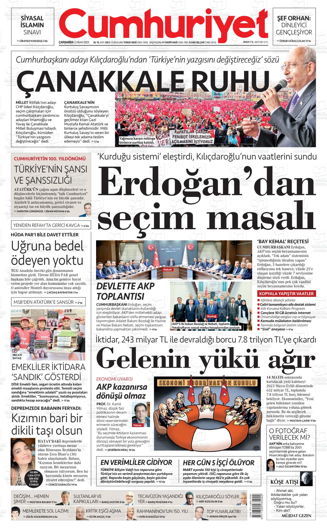 12 Nisan 2023 Cumhuriyet Gazete Manşeti