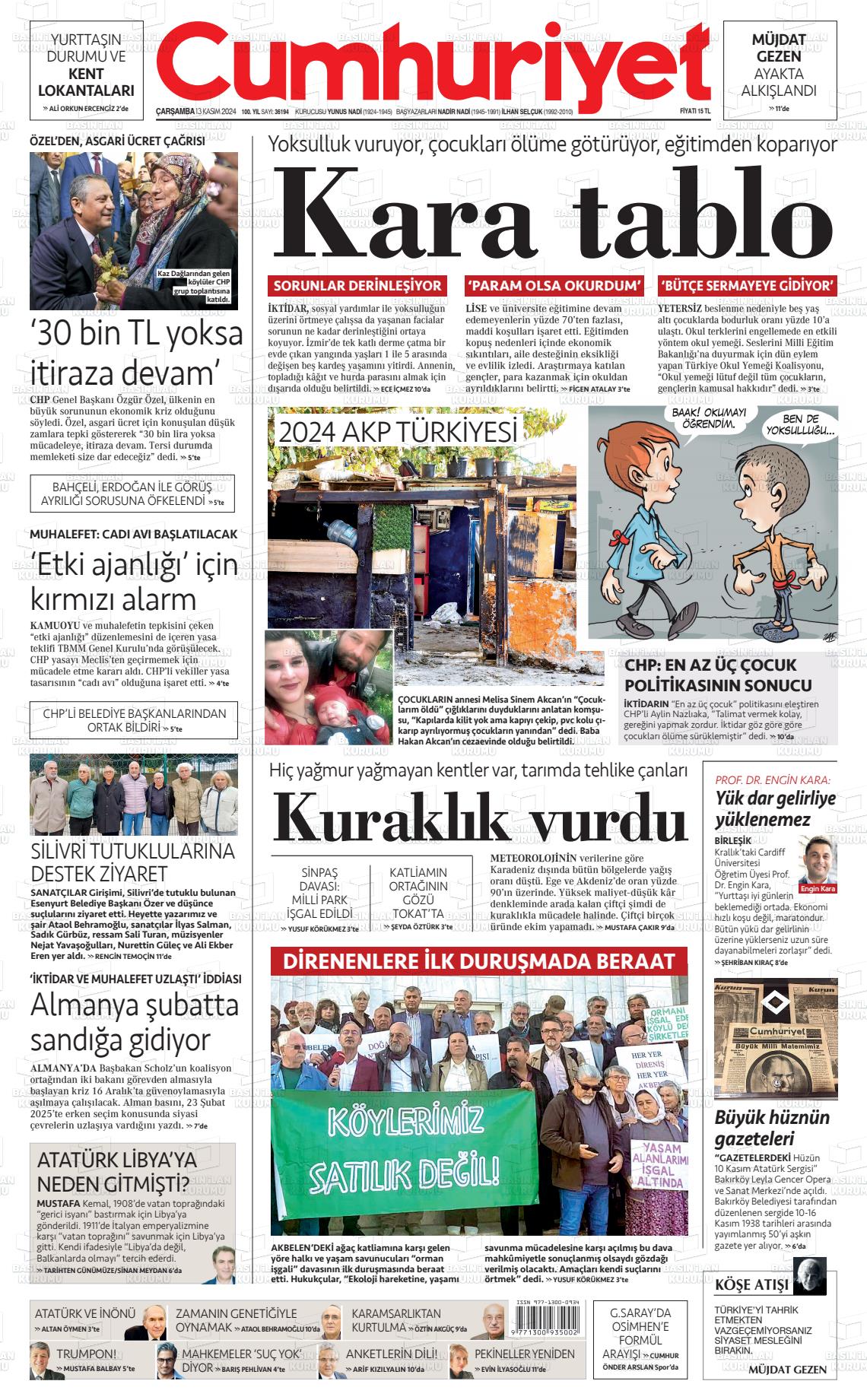 13 Kasım 2024 Cumhuriyet Gazete Manşeti