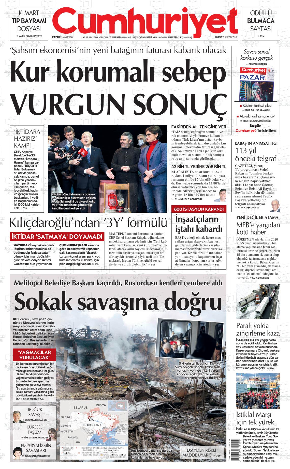 13 Mart 2022 Cumhuriyet Gazete Manşeti