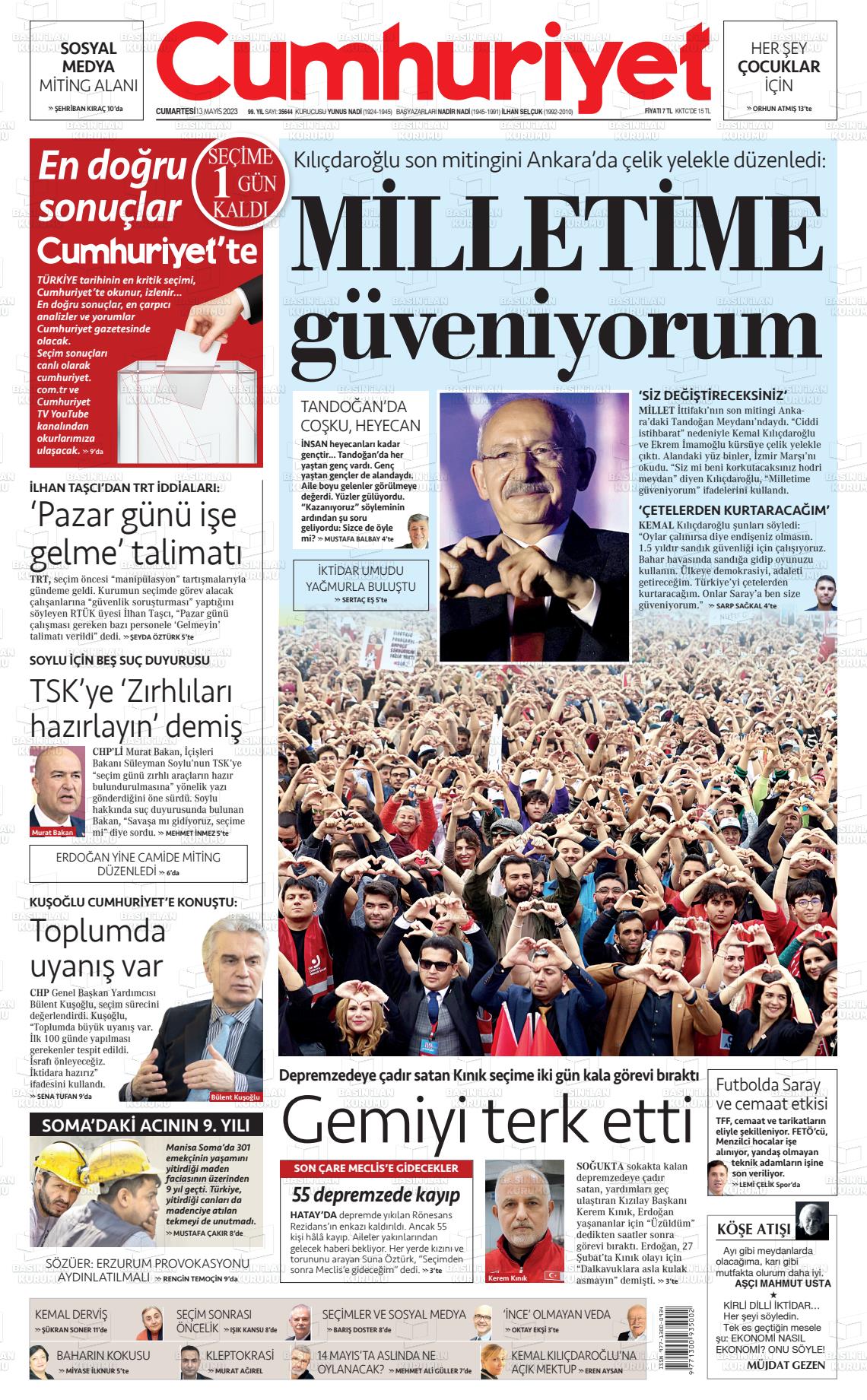 13 Mayıs 2023 Cumhuriyet Gazete Manşeti