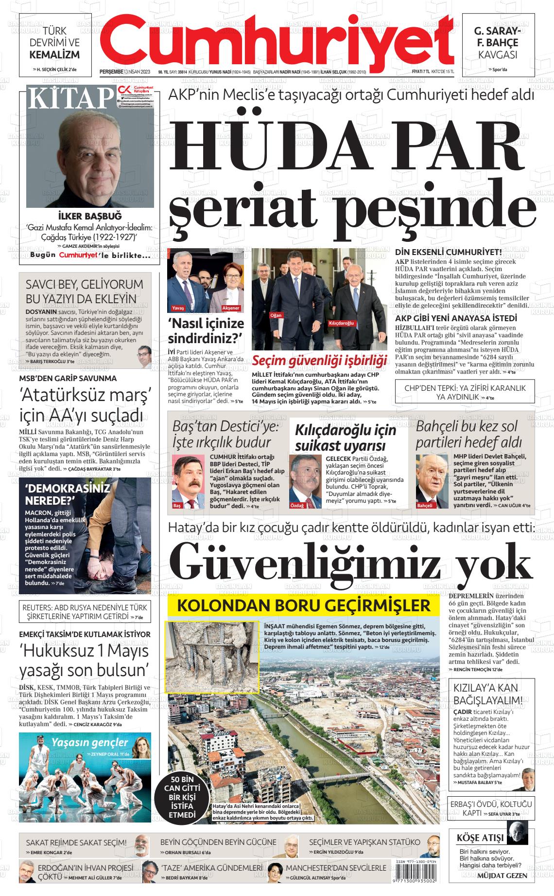 13 Nisan 2023 Cumhuriyet Gazete Manşeti