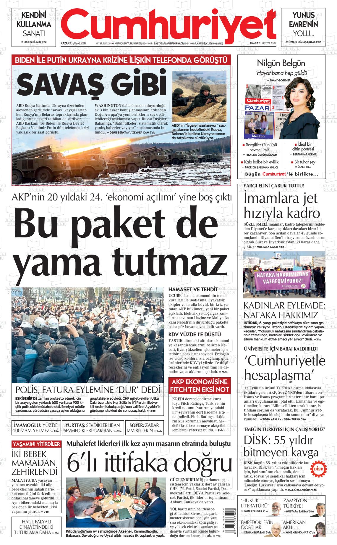 13 Şubat 2022 Cumhuriyet Gazete Manşeti