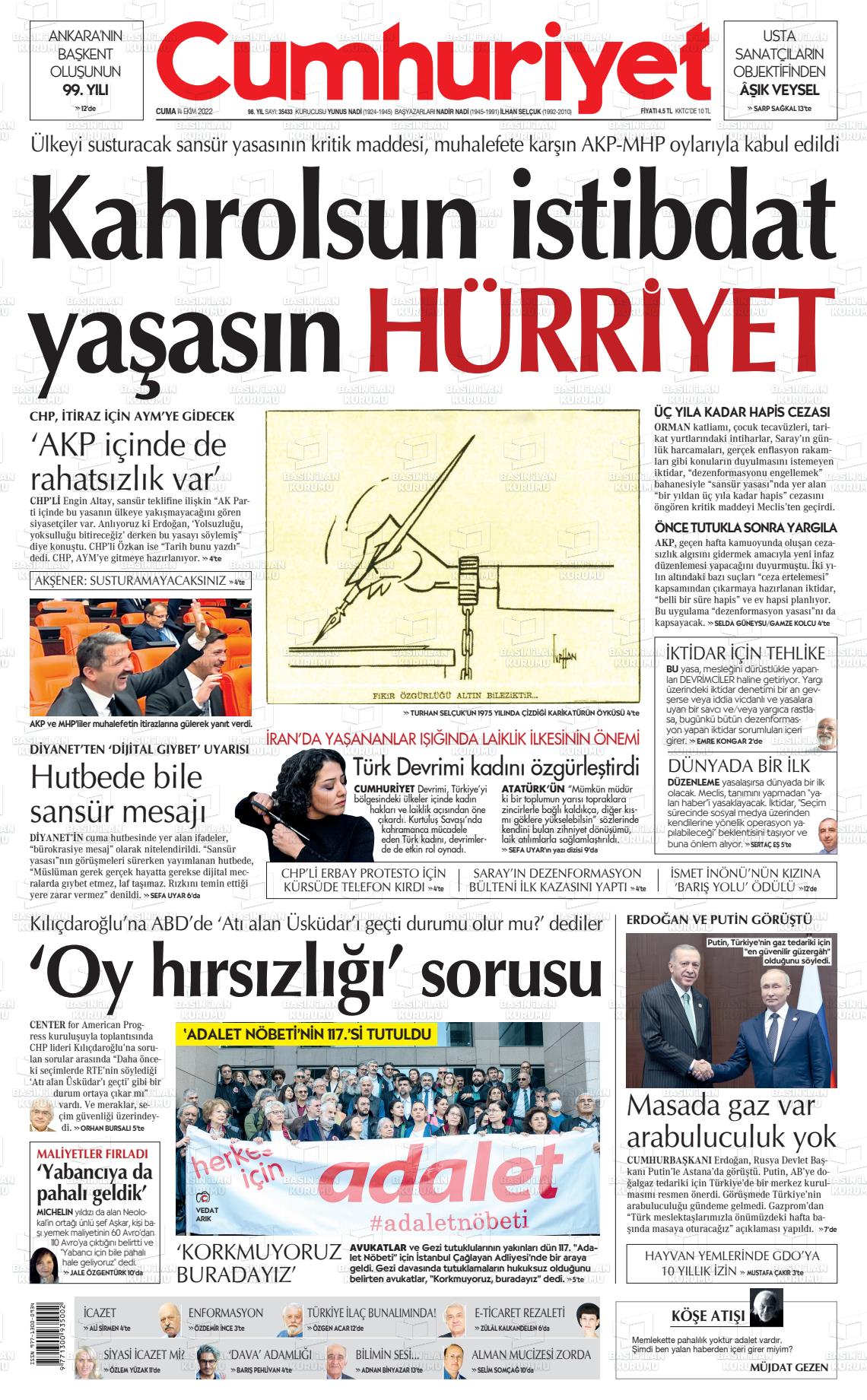 14 Ekim 2022 Cumhuriyet Gazete Manşeti