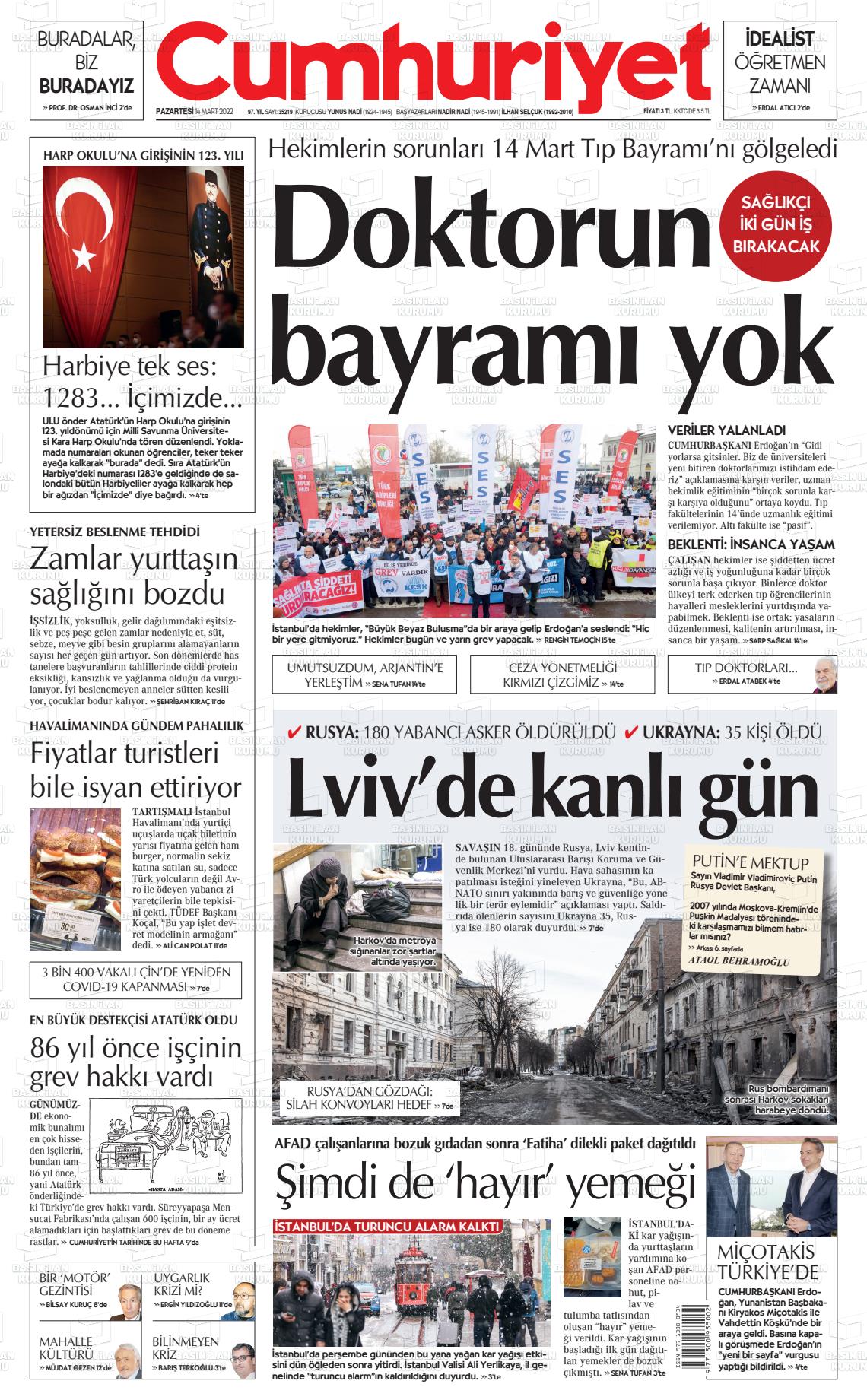 14 Mart 2022 Cumhuriyet Gazete Manşeti