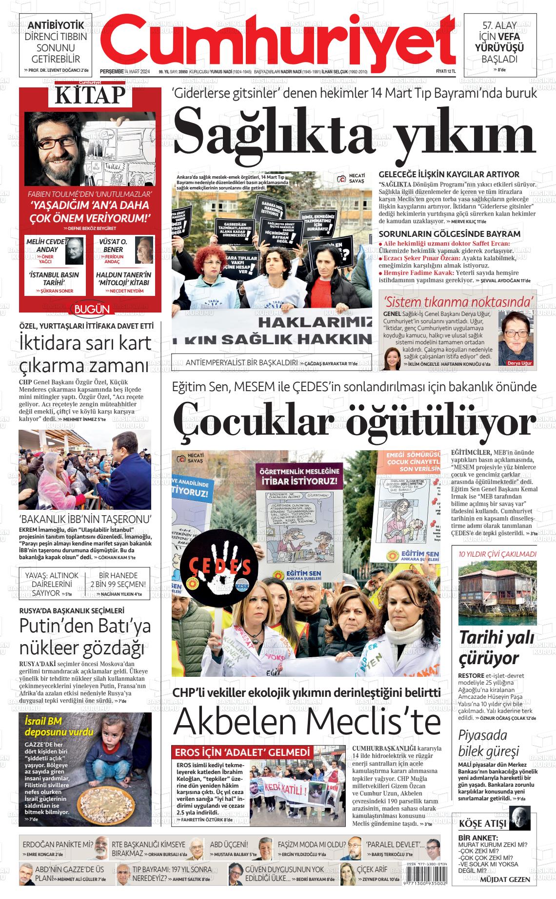 14 Mart 2024 Cumhuriyet Gazete Manşeti