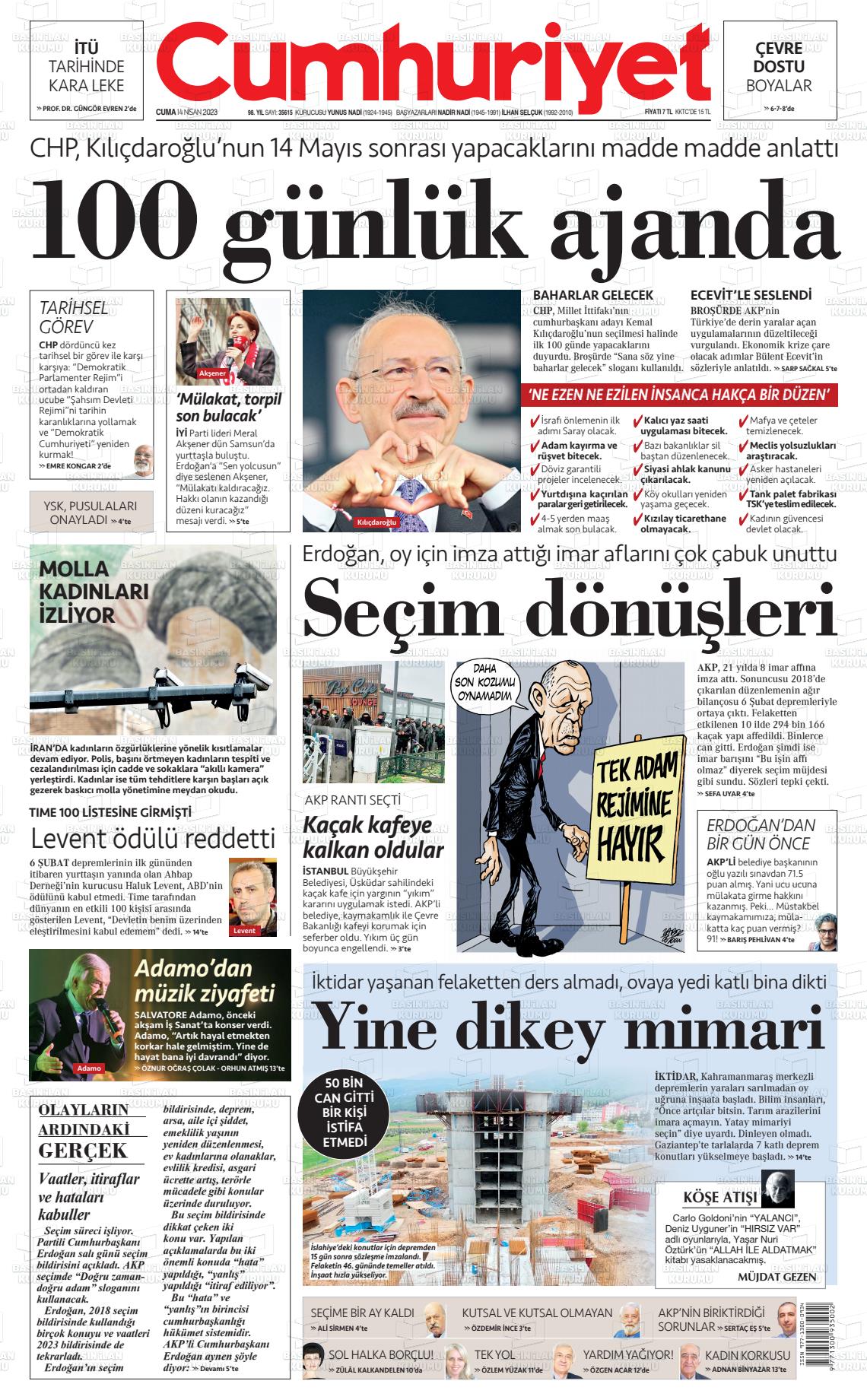 14 Nisan 2023 Cumhuriyet Gazete Manşeti