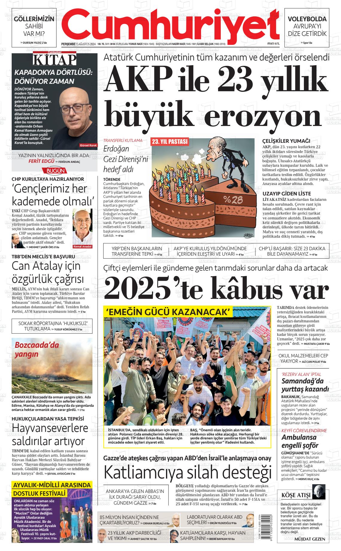 15 Ağustos 2024 Cumhuriyet Gazete Manşeti