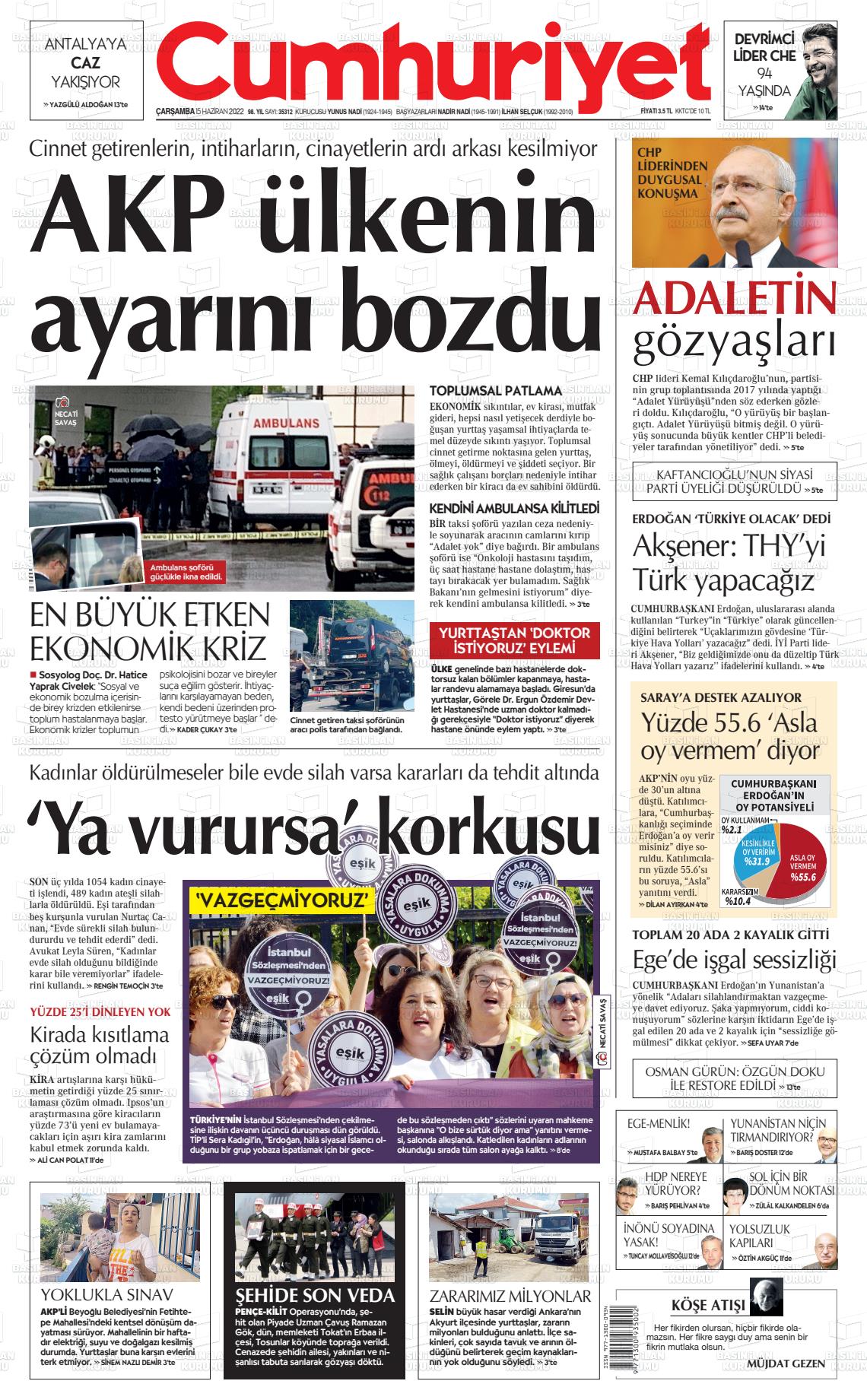 15 Haziran 2022 Cumhuriyet Gazete Manşeti