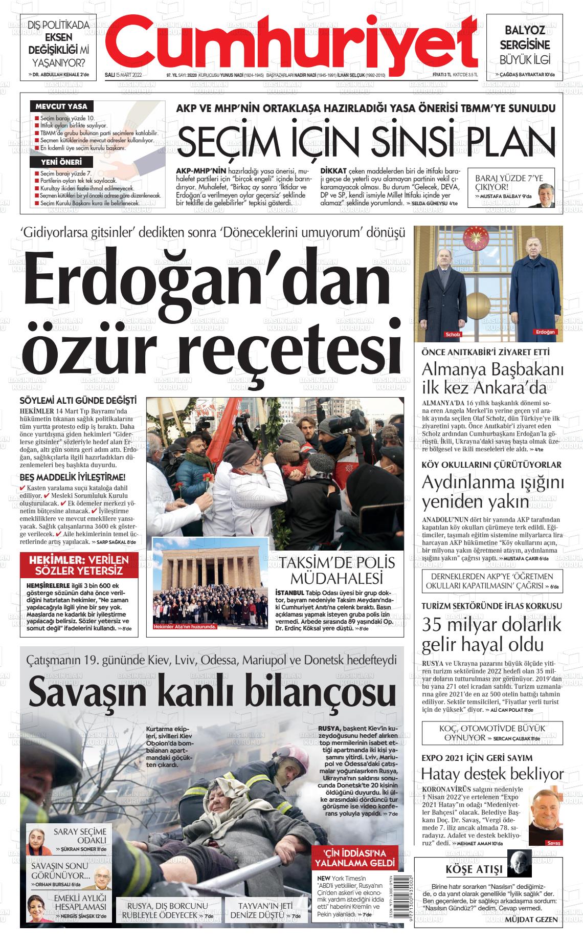 15 Mart 2022 Cumhuriyet Gazete Manşeti