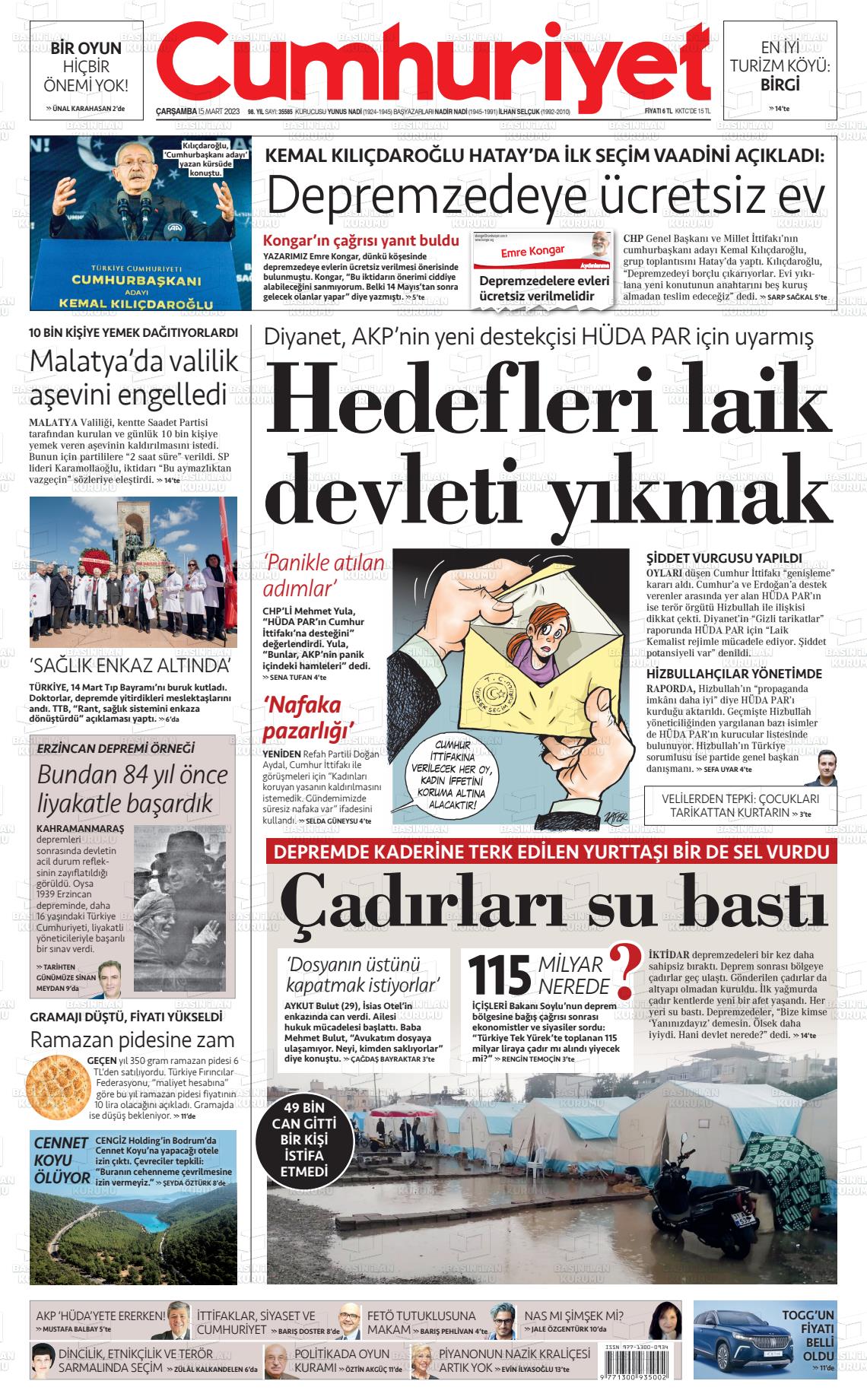 15 Mart 2023 Cumhuriyet Gazete Manşeti