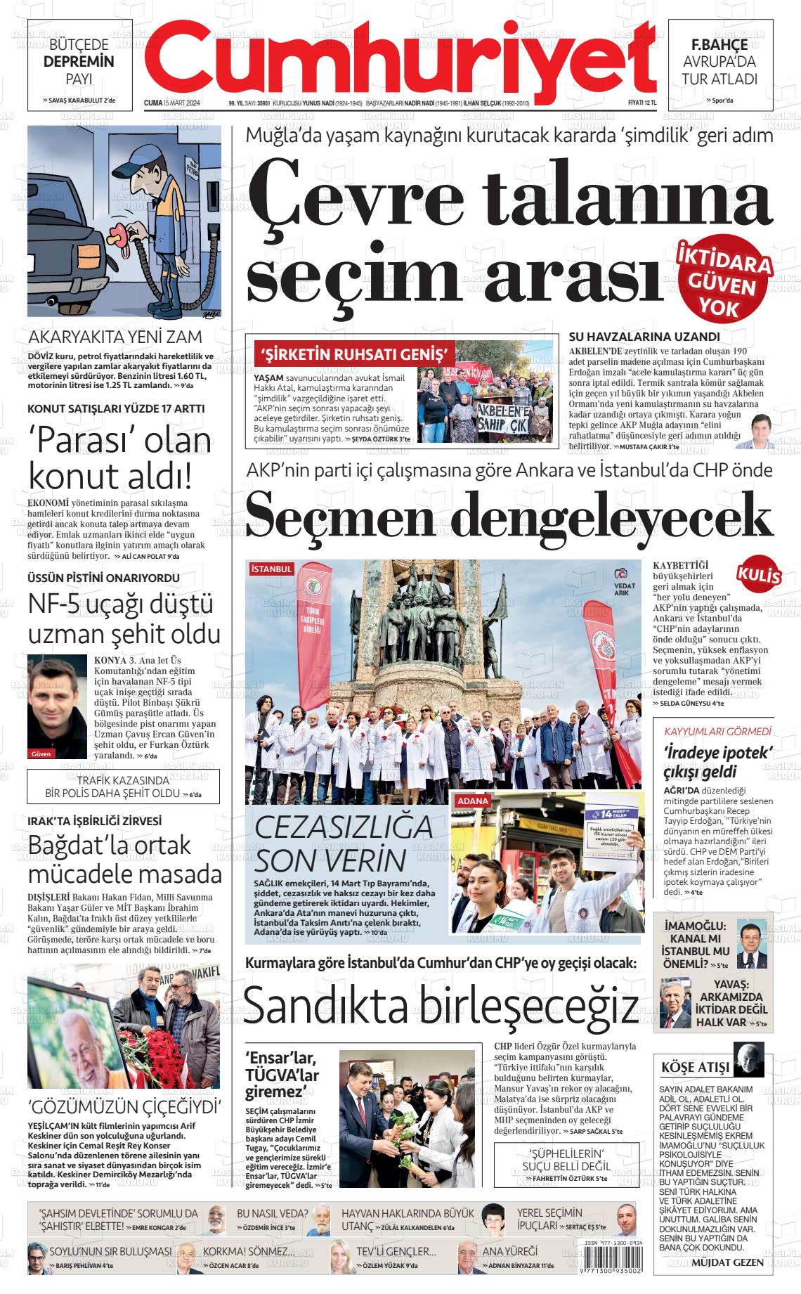 15 Mart 2024 Cumhuriyet Gazete Manşeti