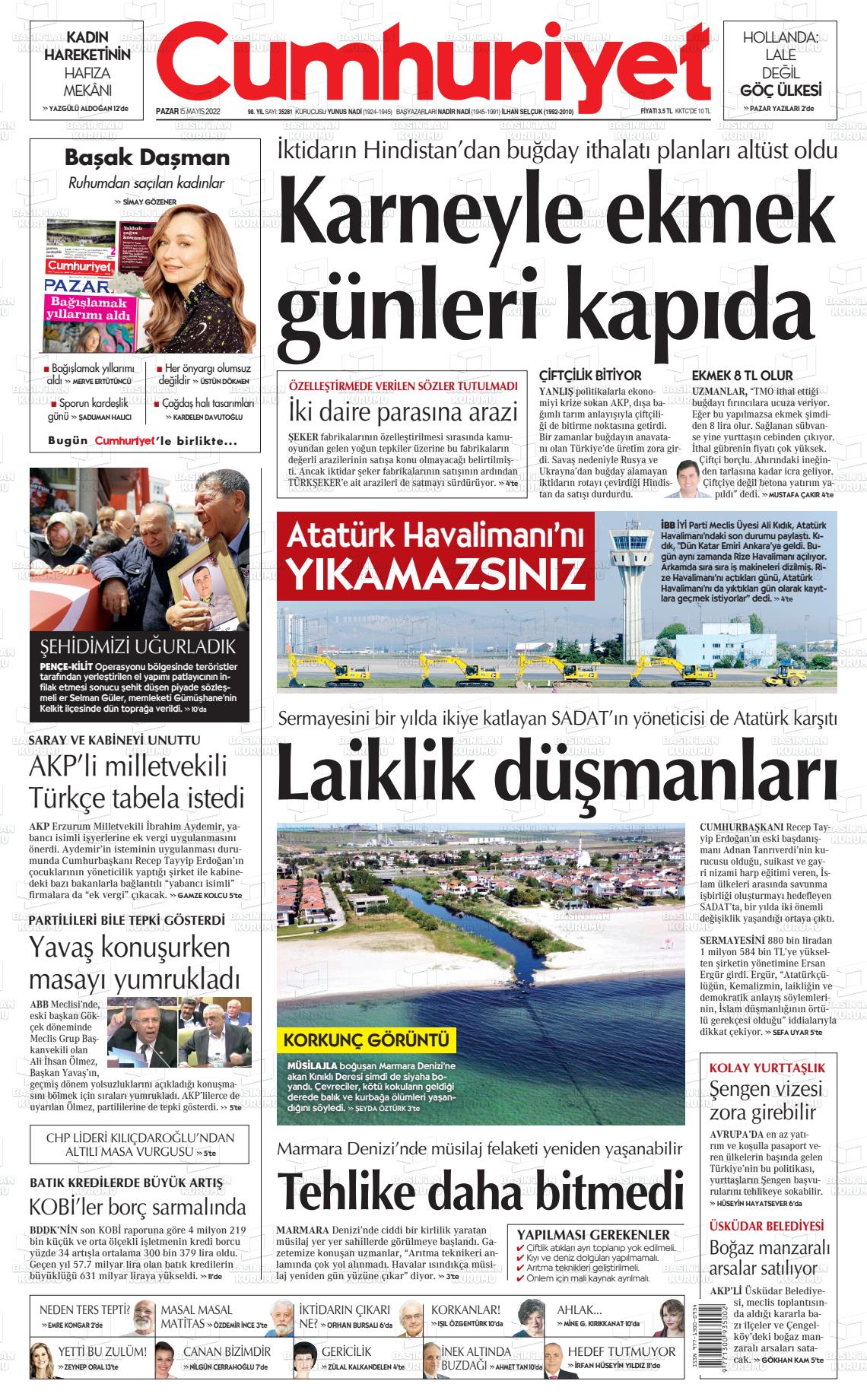 15 Mayıs 2022 Cumhuriyet Gazete Manşeti