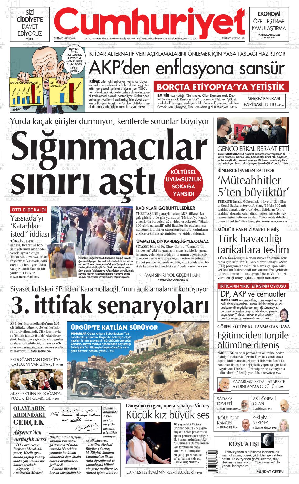 15 Nisan 2022 Cumhuriyet Gazete Manşeti