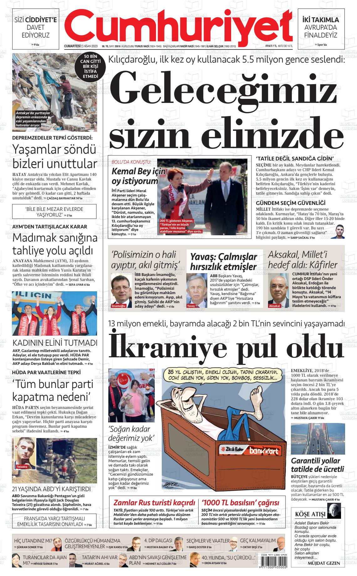 15 Nisan 2023 Cumhuriyet Gazete Manşeti