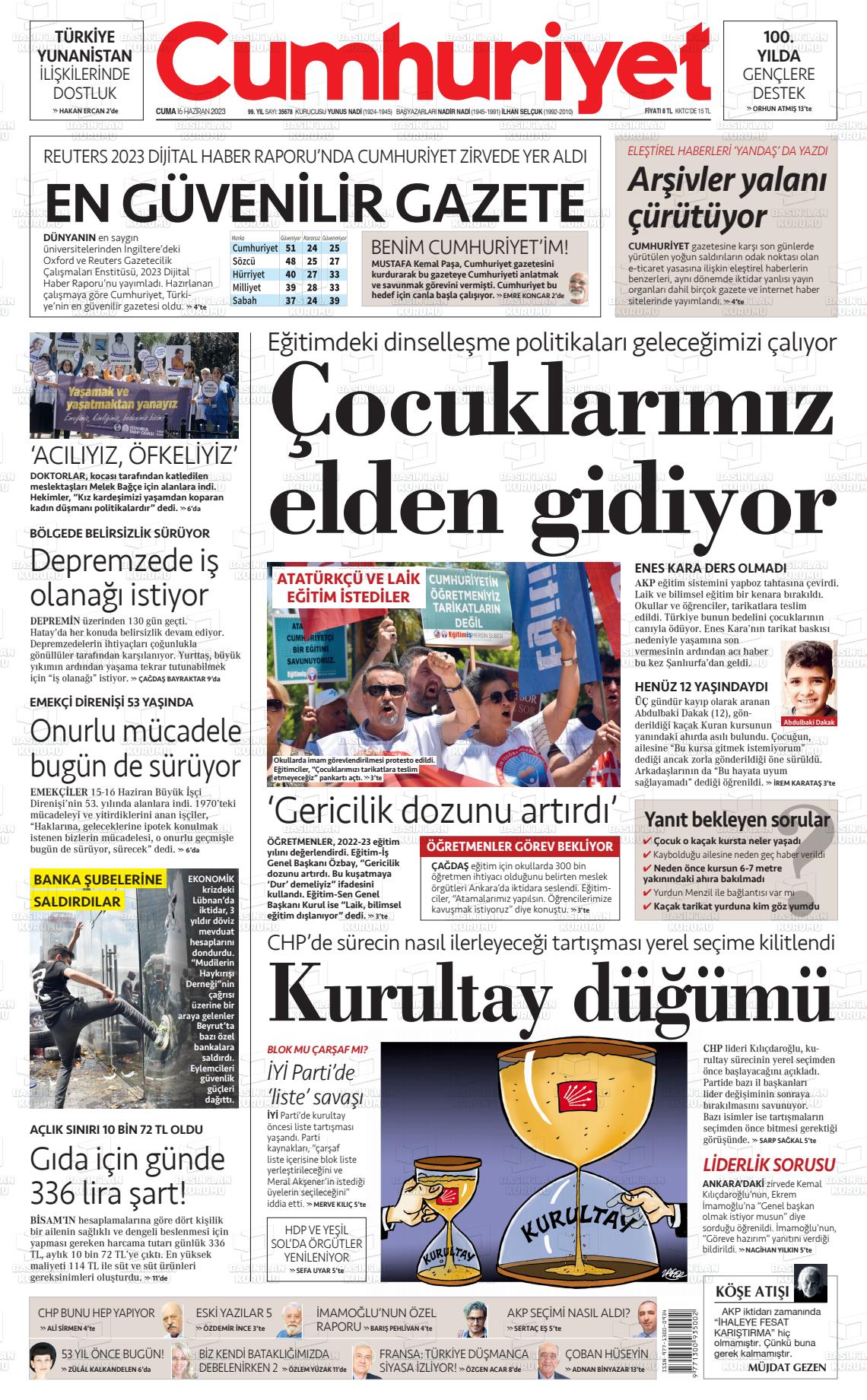 16 Haziran 2023 Cumhuriyet Gazete Manşeti