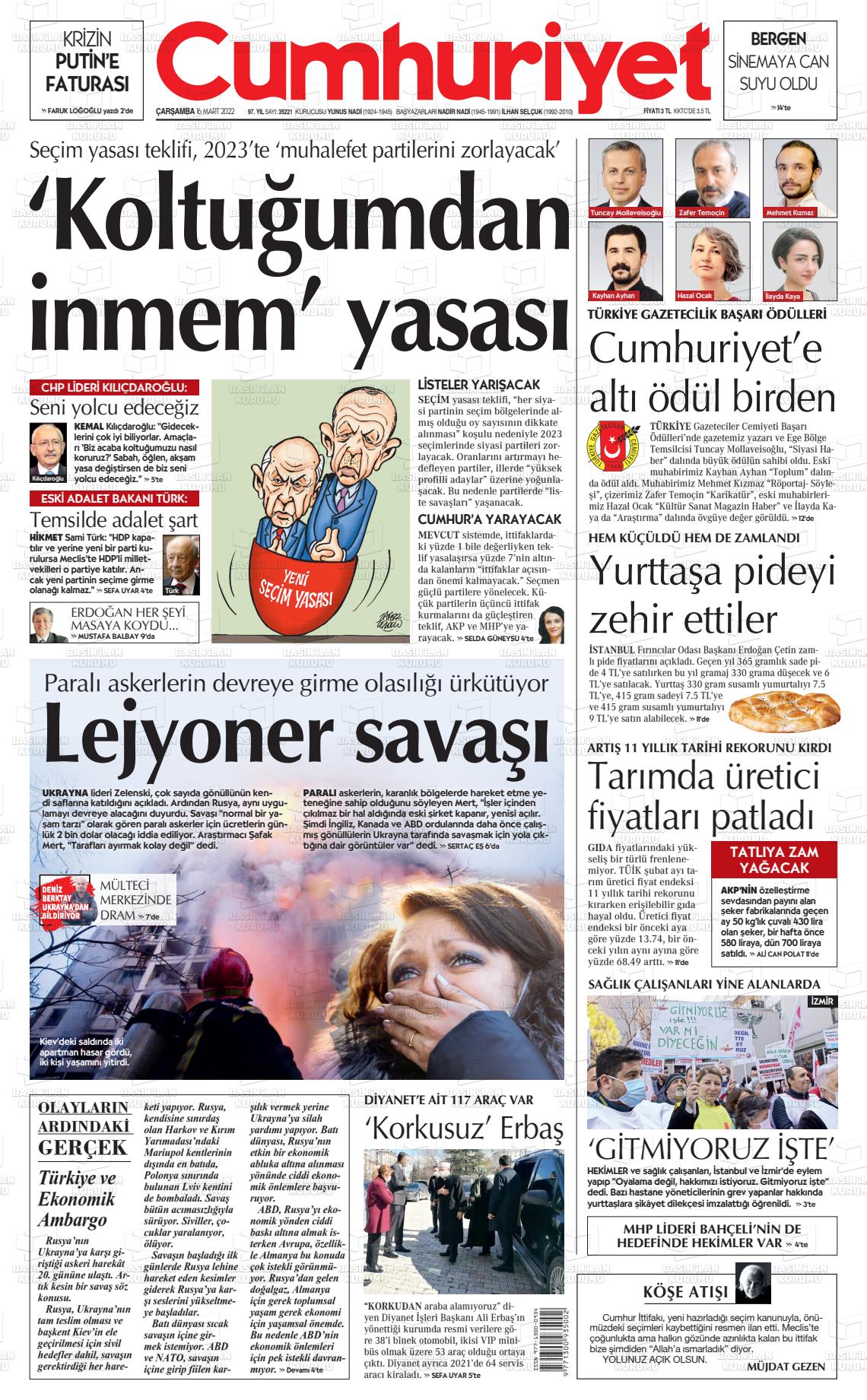 16 Mart 2022 Cumhuriyet Gazete Manşeti