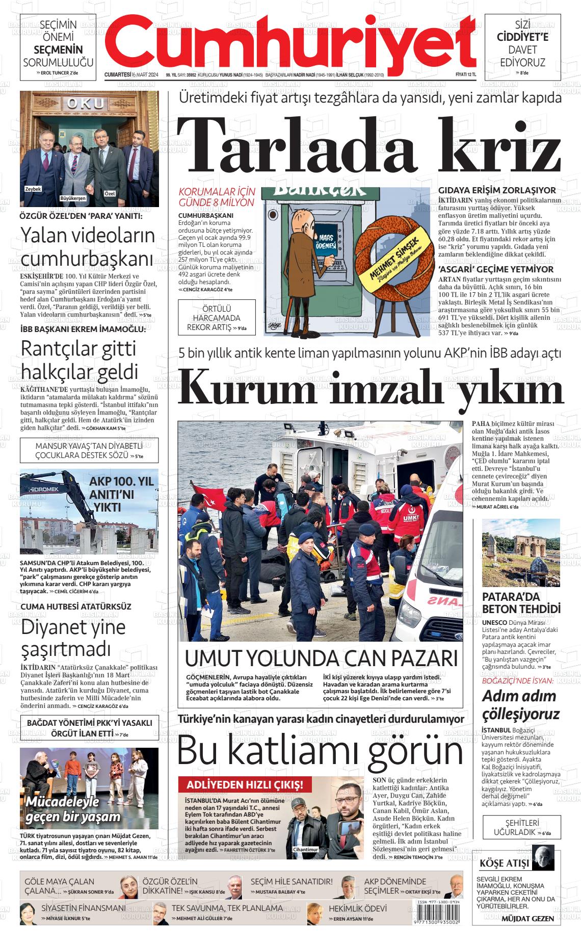 16 Mart 2024 Cumhuriyet Gazete Manşeti