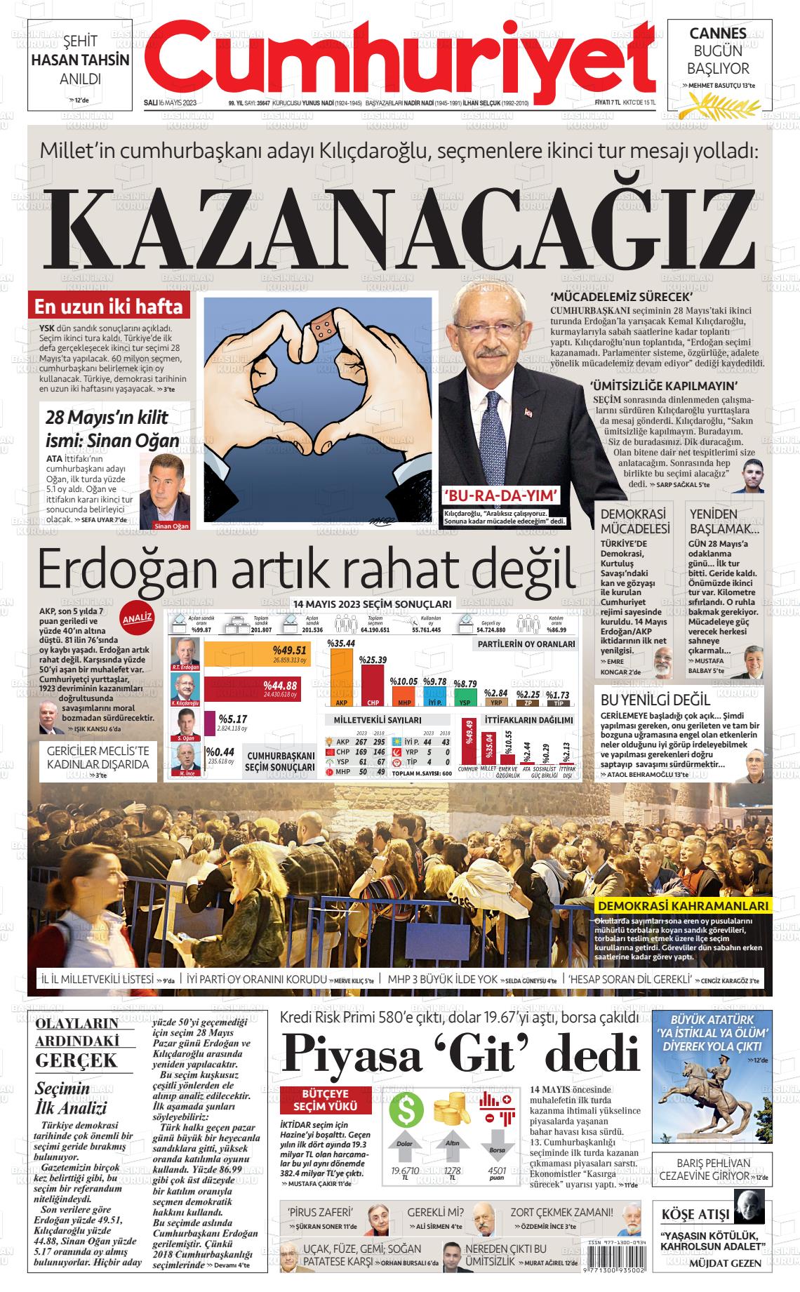 16 Mayıs 2023 Cumhuriyet Gazete Manşeti