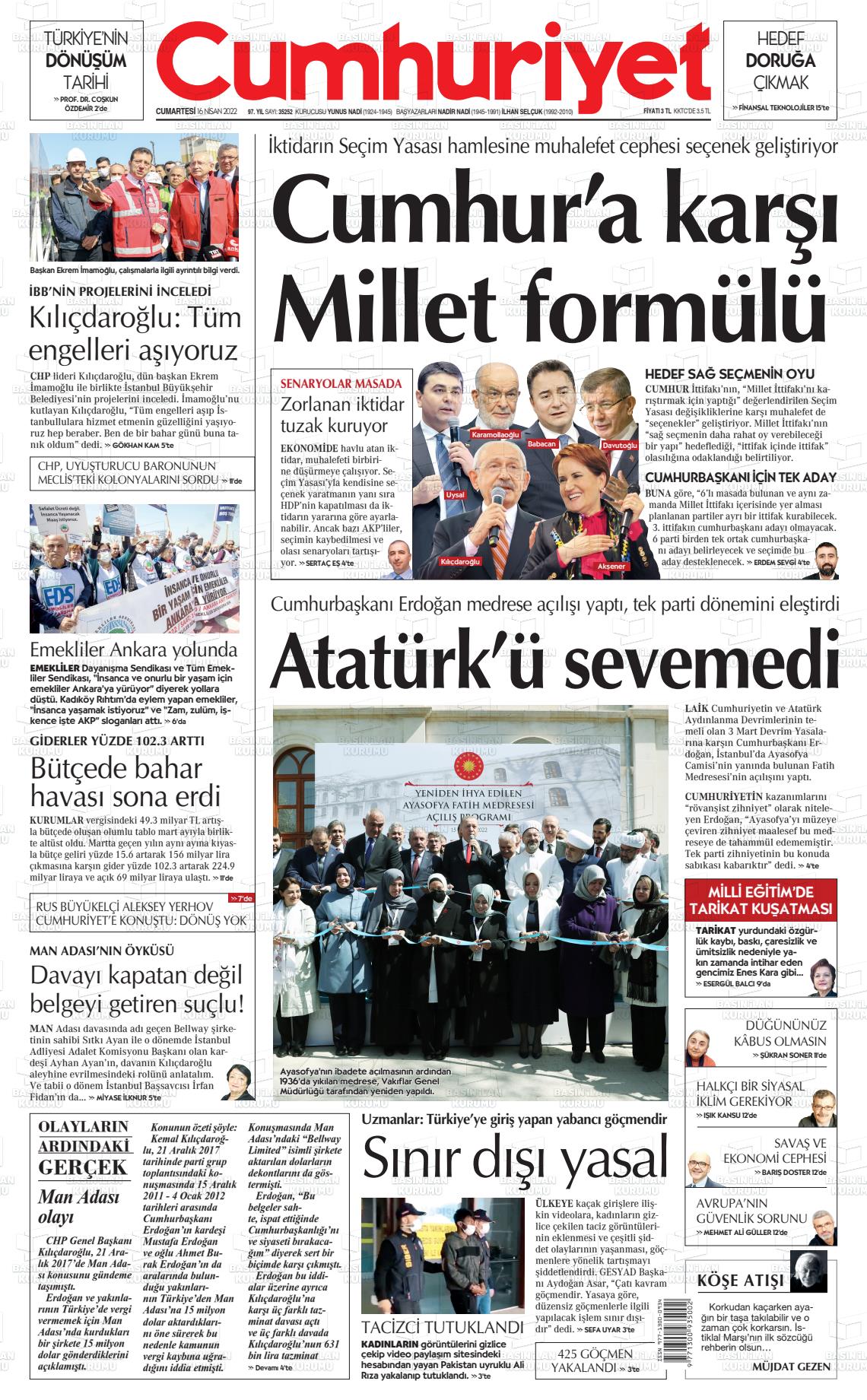 16 Nisan 2022 Cumhuriyet Gazete Manşeti