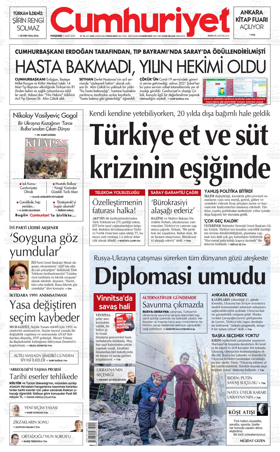 17 Mart 2022 Cumhuriyet Gazete Manşeti