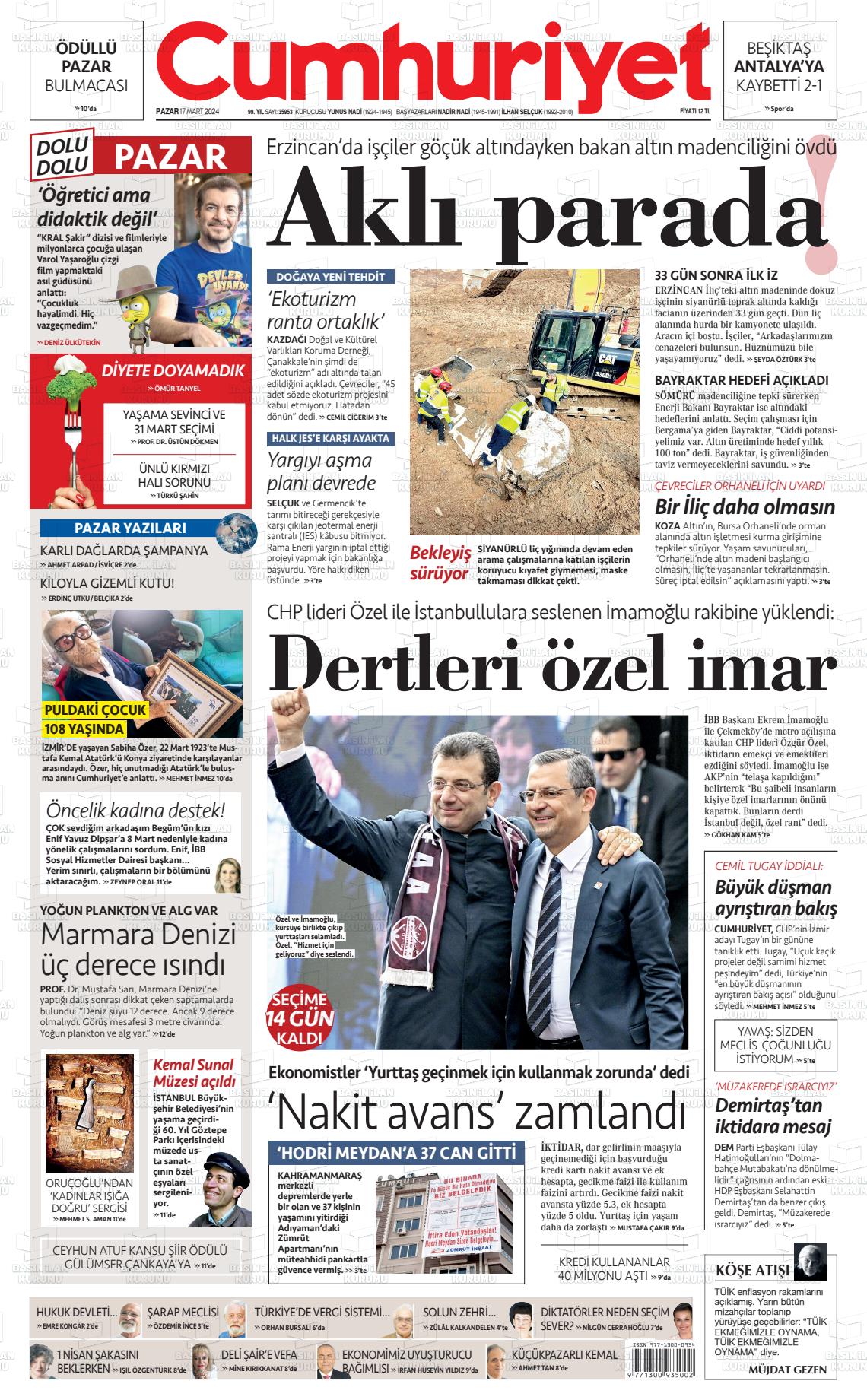 17 Mart 2024 Cumhuriyet Gazete Manşeti