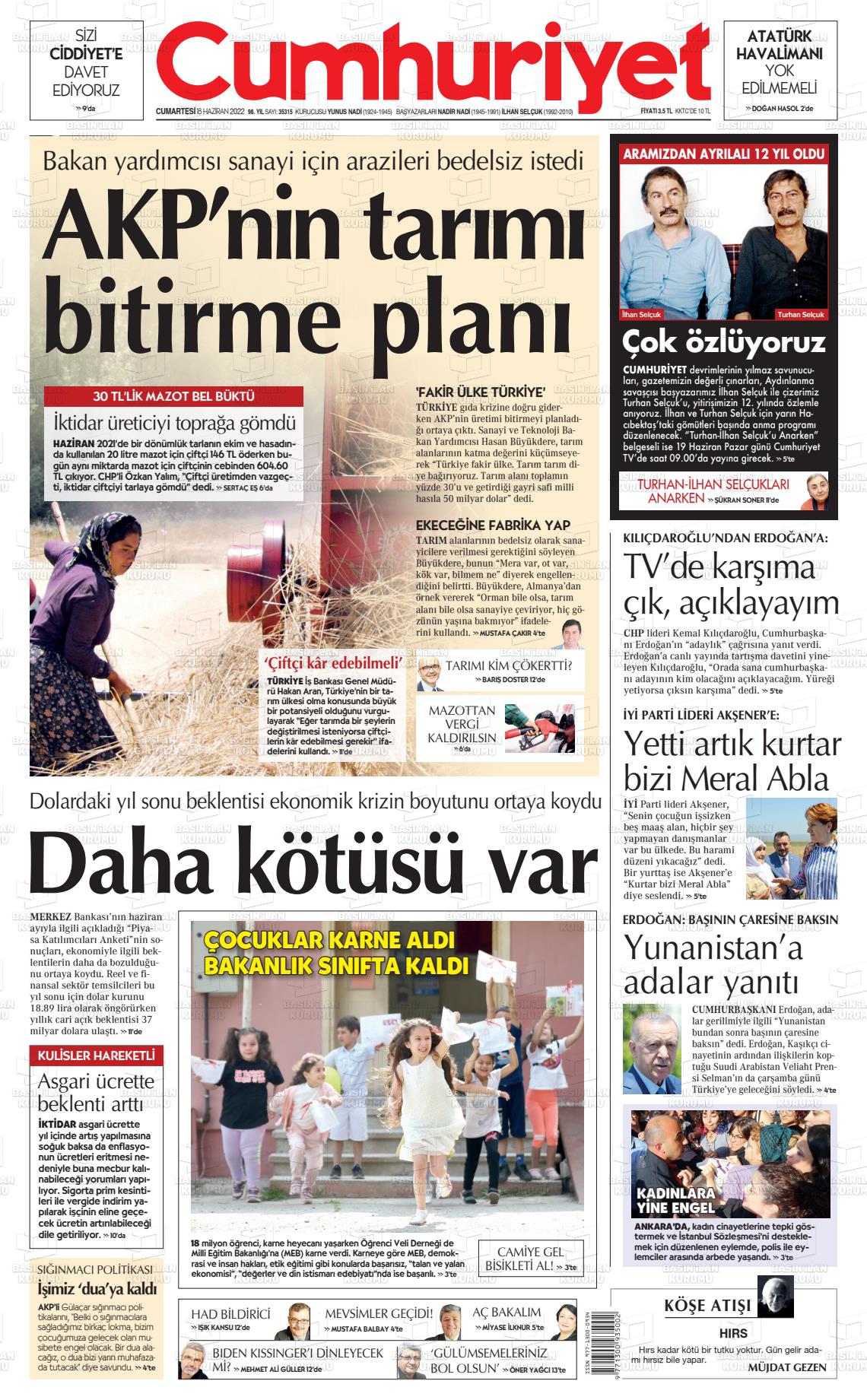 18 Haziran 2022 Cumhuriyet Gazete Manşeti