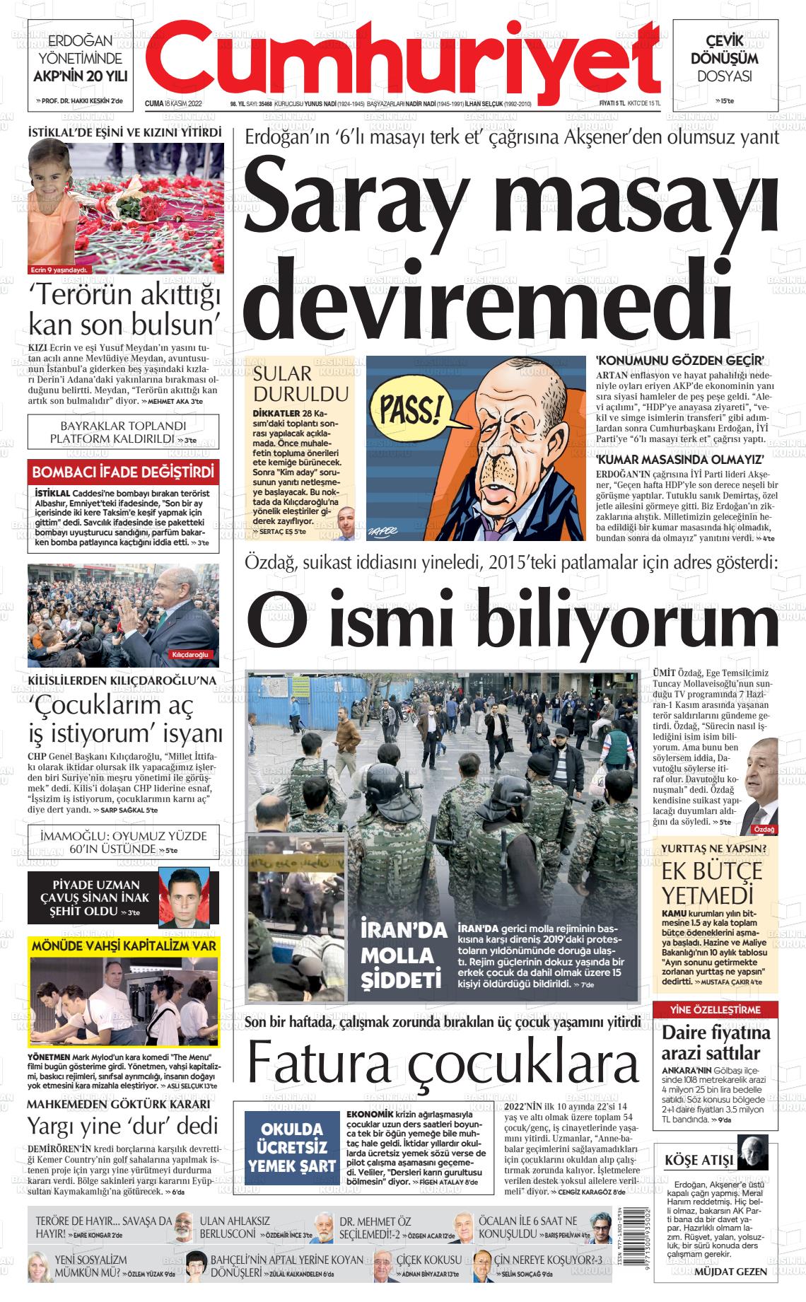 18 Kasım 2022 Cumhuriyet Gazete Manşeti