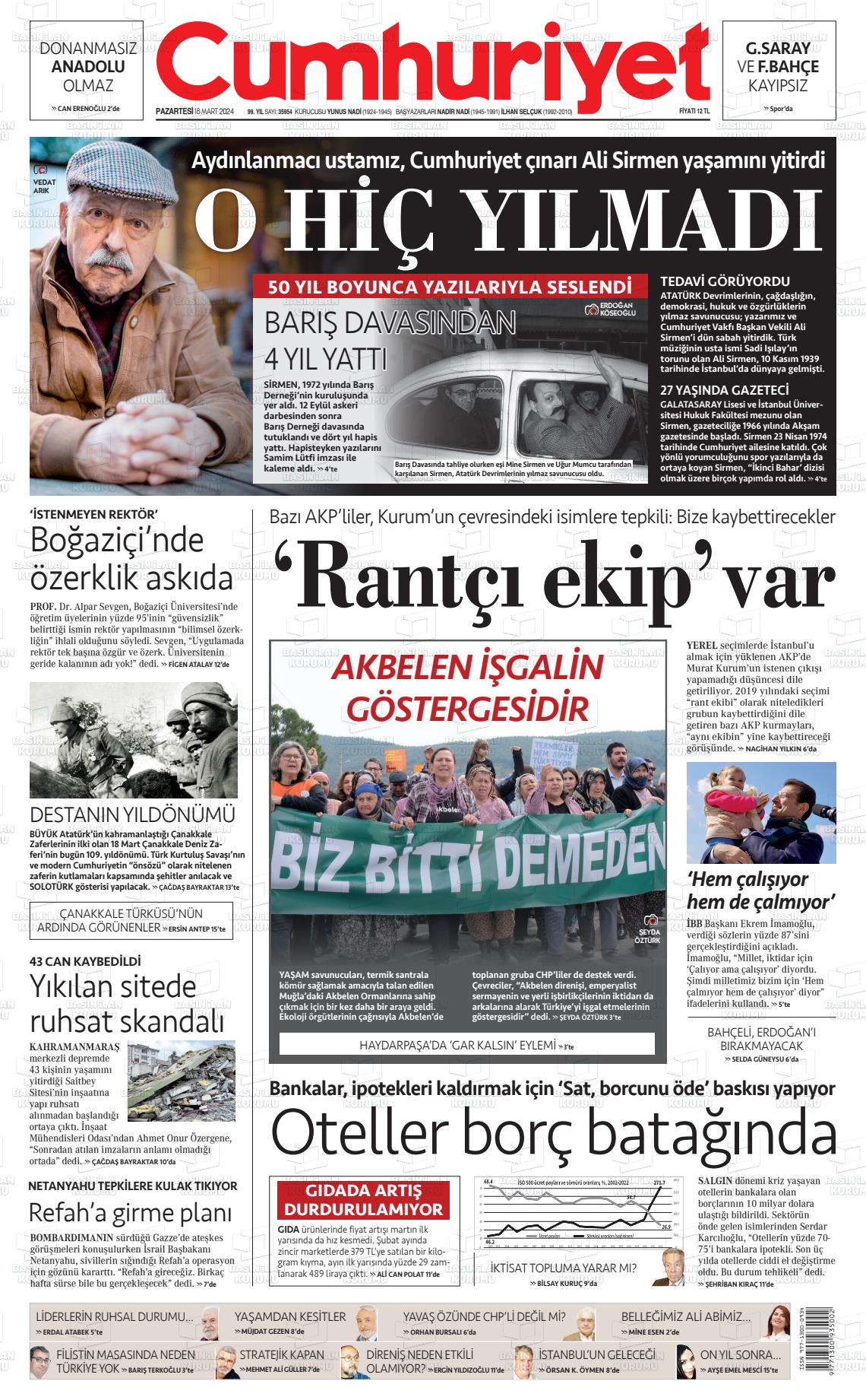 18 Mart 2024 Cumhuriyet Gazete Manşeti