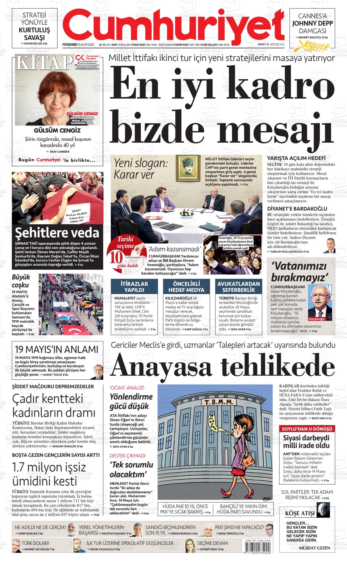 18 Mayıs 2023 Cumhuriyet Gazete Manşeti