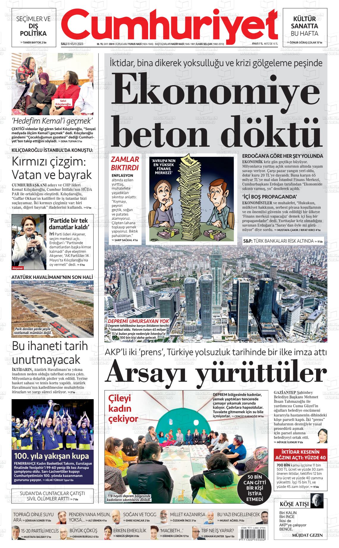 18 Nisan 2023 Cumhuriyet Gazete Manşeti